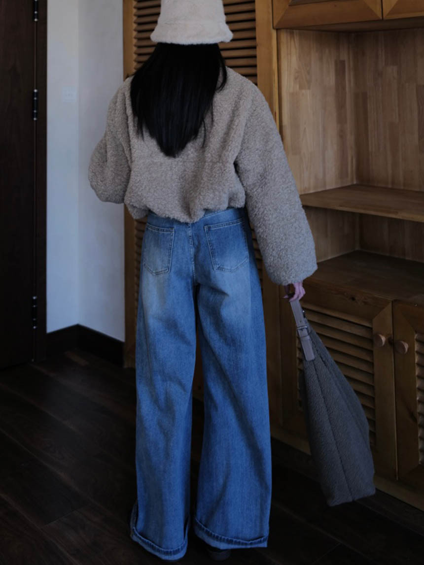 白冰藍褲管反摺寬褲