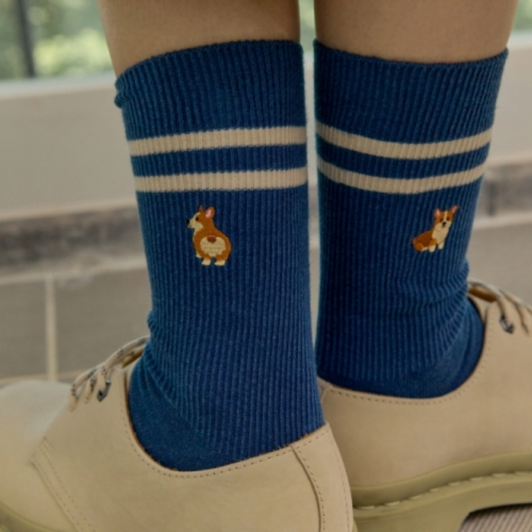 韓國 socks appeal® 狗狗中筒襪 刺繡柯基 羅紋
