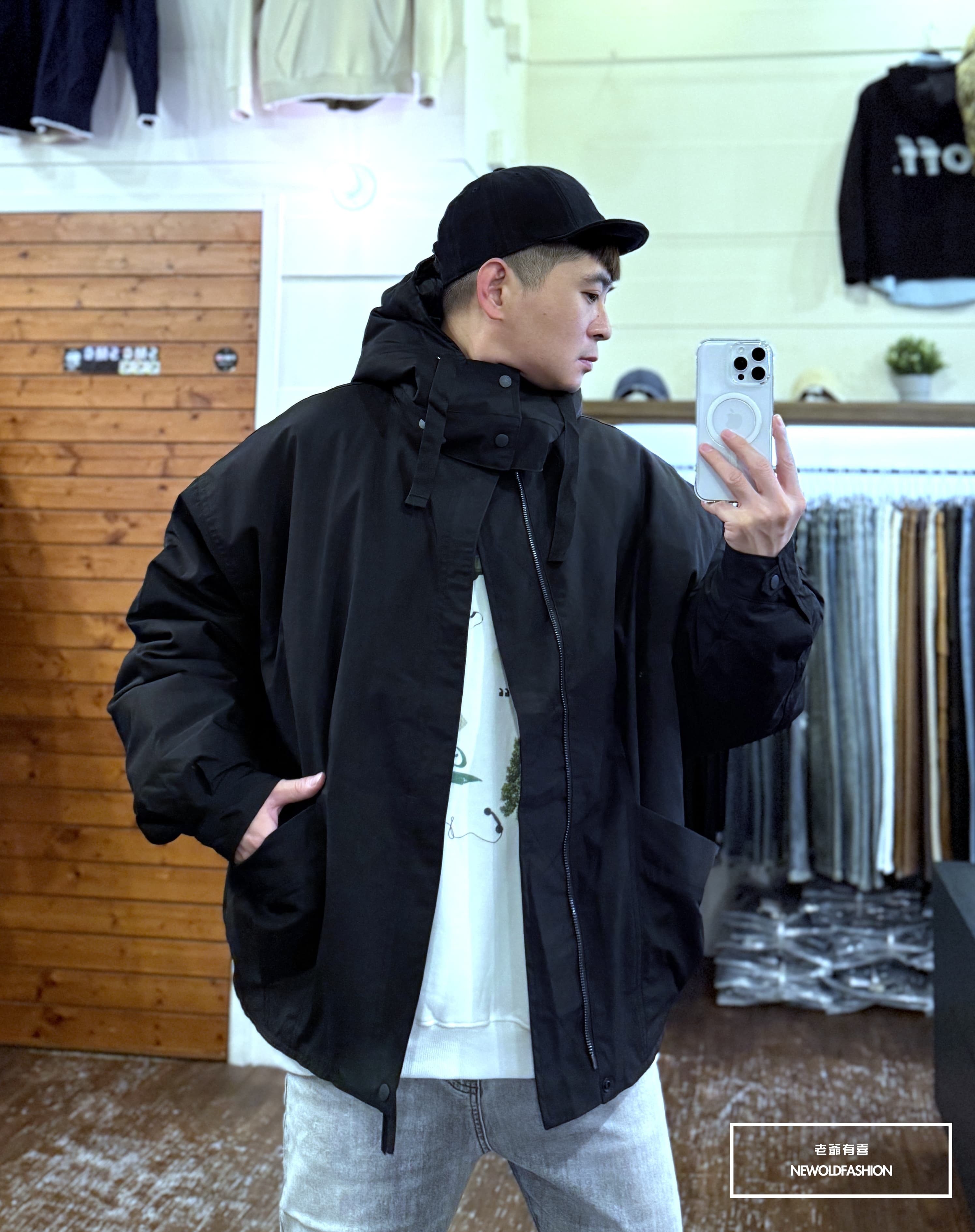 『新品上市』重磅斜口袋可拆式連帽鋪棉外套(NOF2510S106)-黑