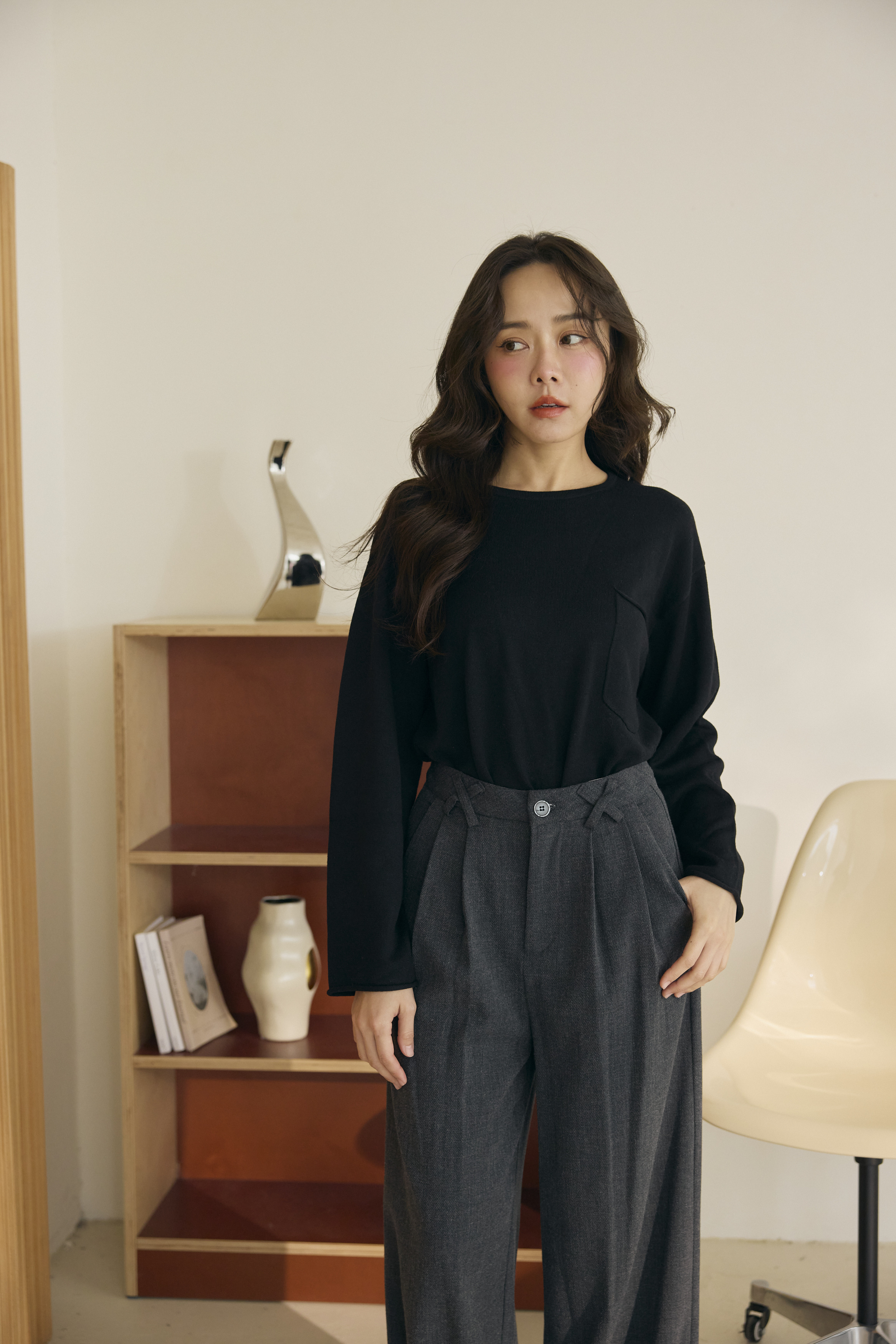 黑色口袋針織上衣