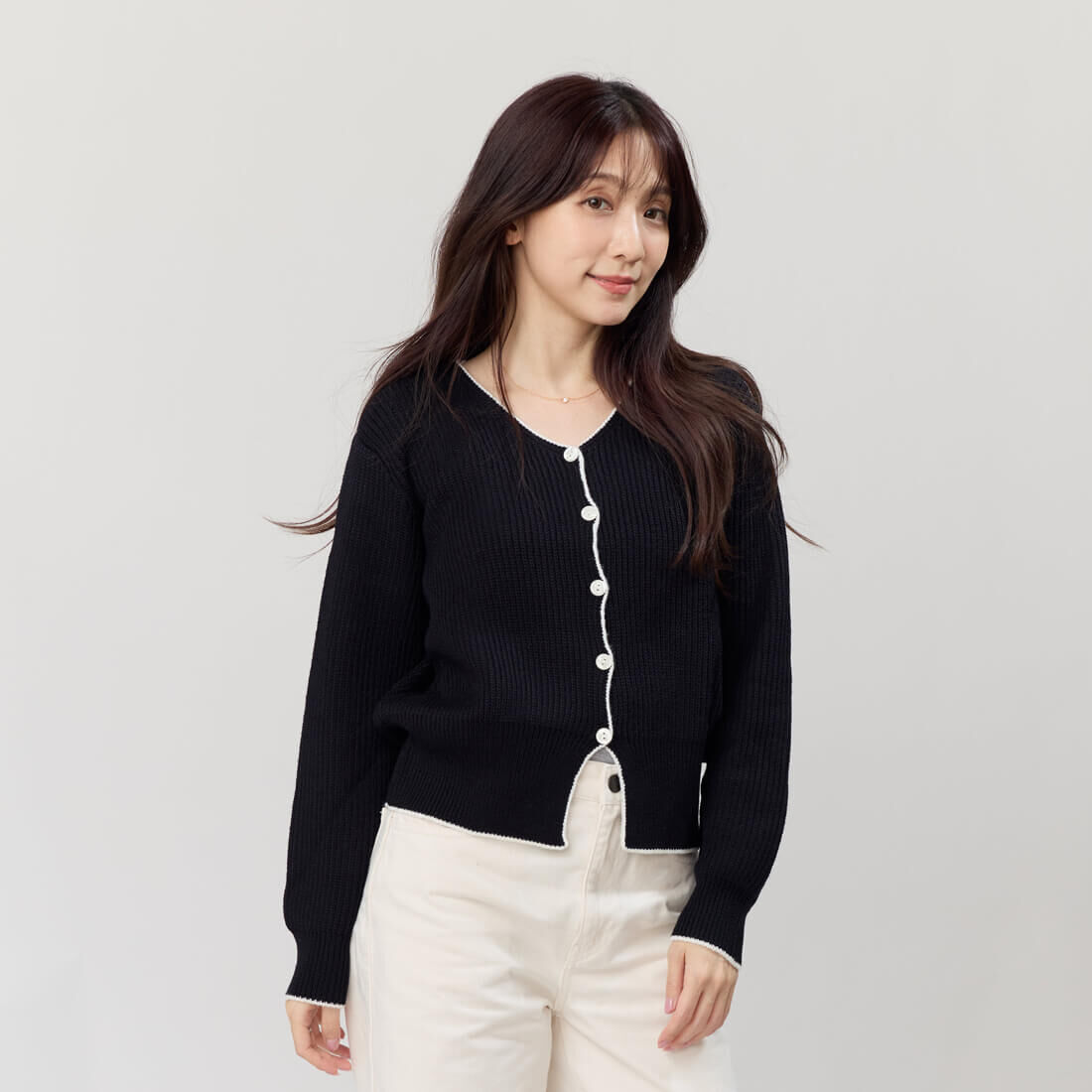 Cathy手勾邊圓領針織開襟衫外套/ 黑