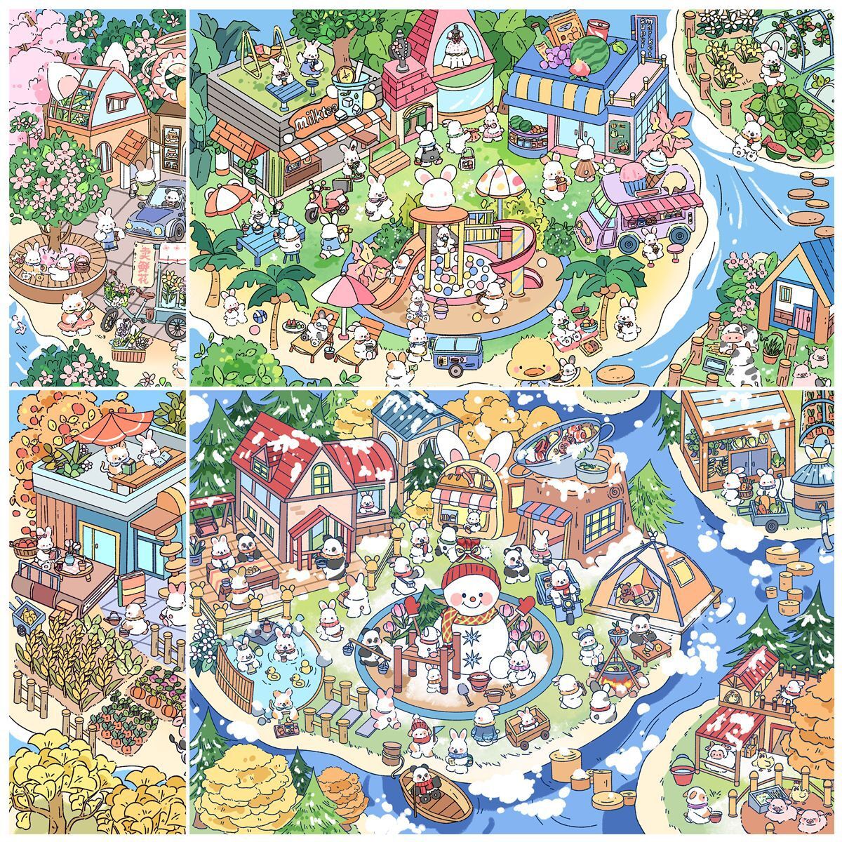 Four-Seasons Cozy Town Scenery Sticker Set