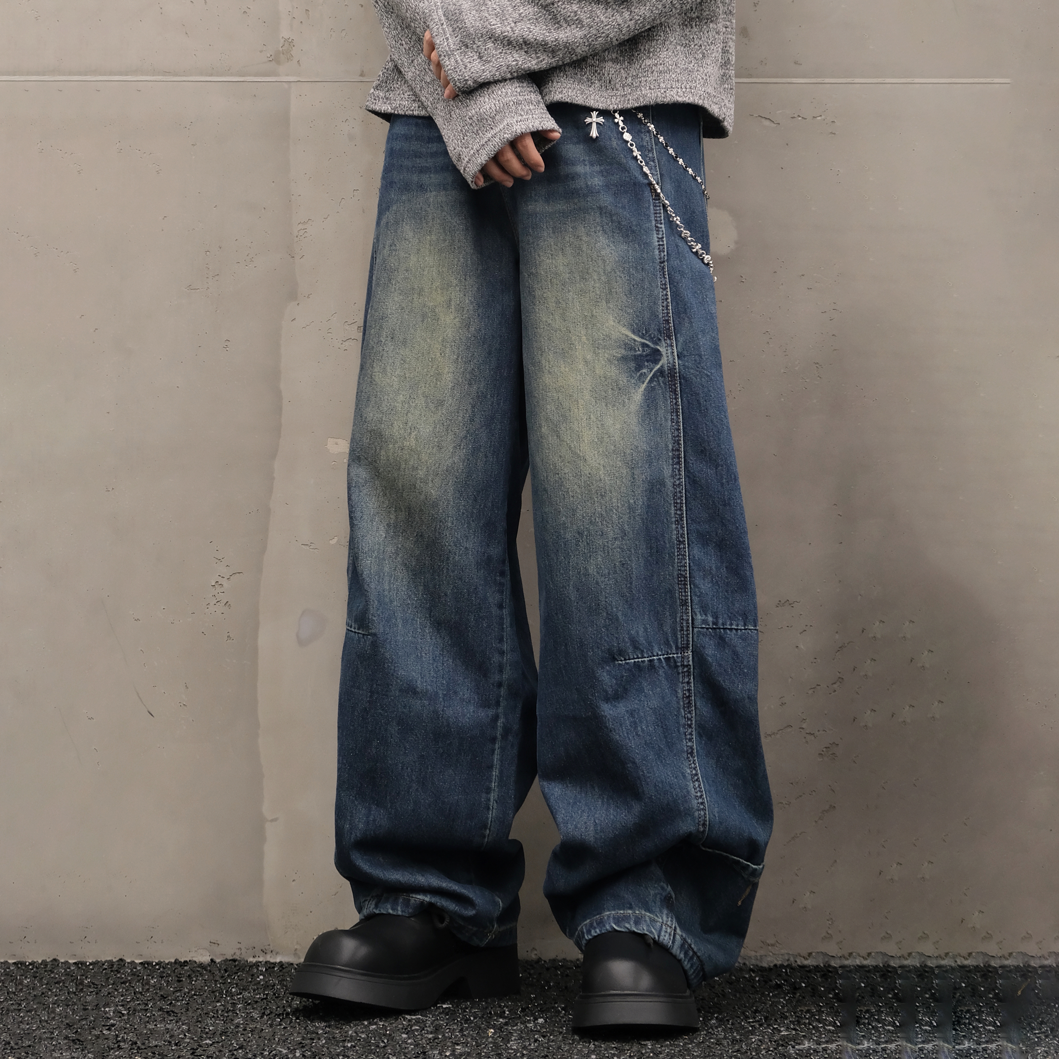 XCTRL 鬆緊抓皺寬版牛仔褲