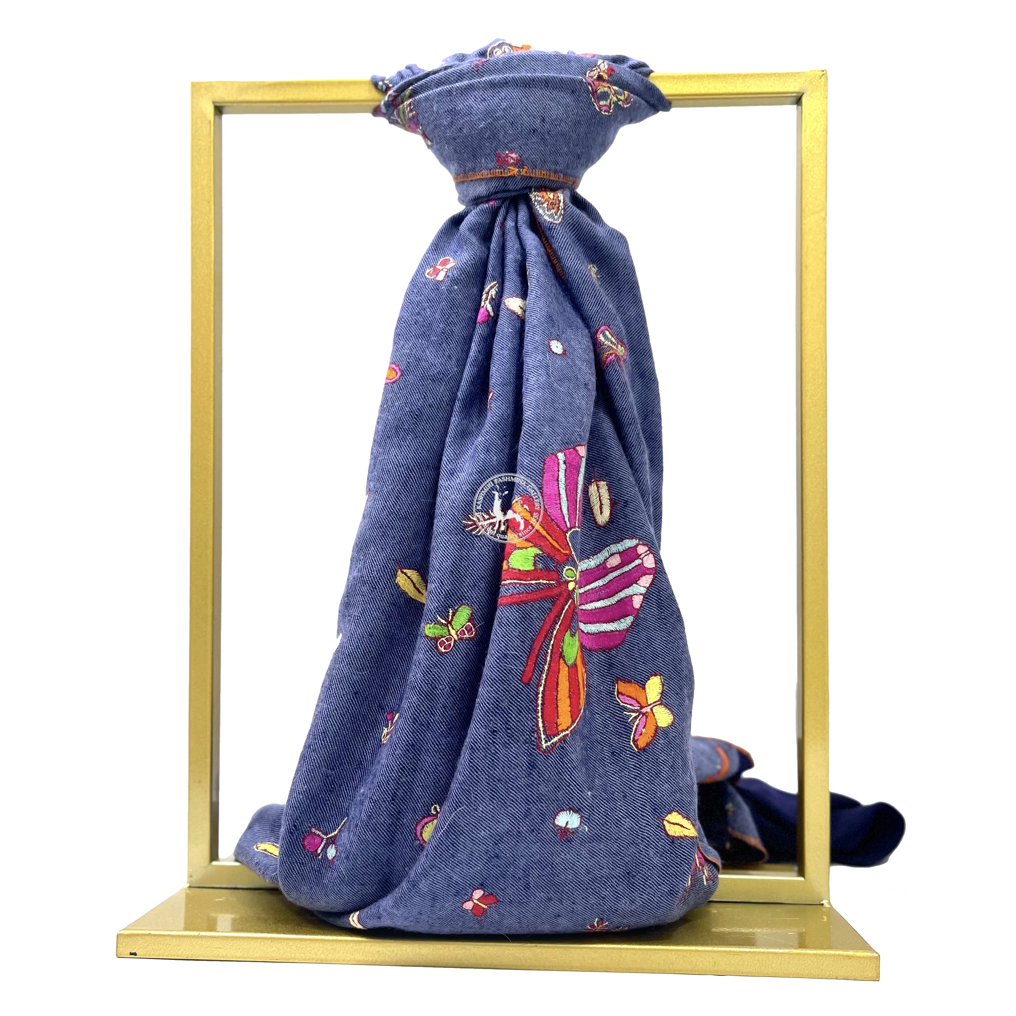 藍色蝴蝶刺繡喀什米爾圍巾披肩