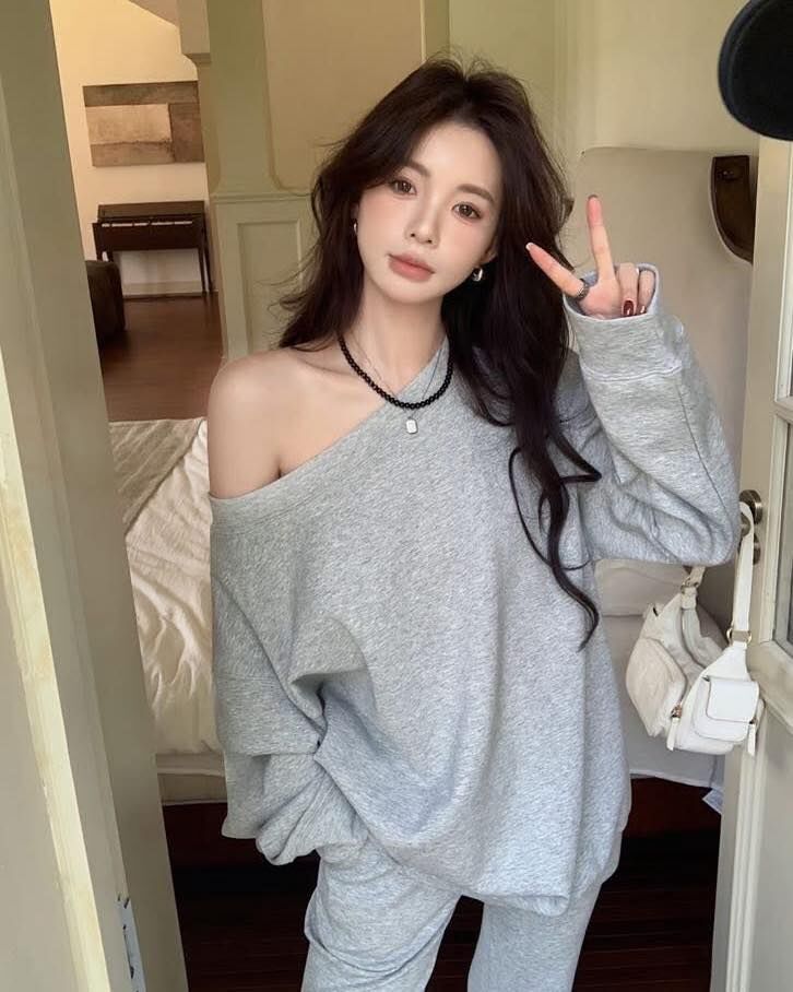 【顯瘦小心機的太空棉斜肩套裝組】（現貨）