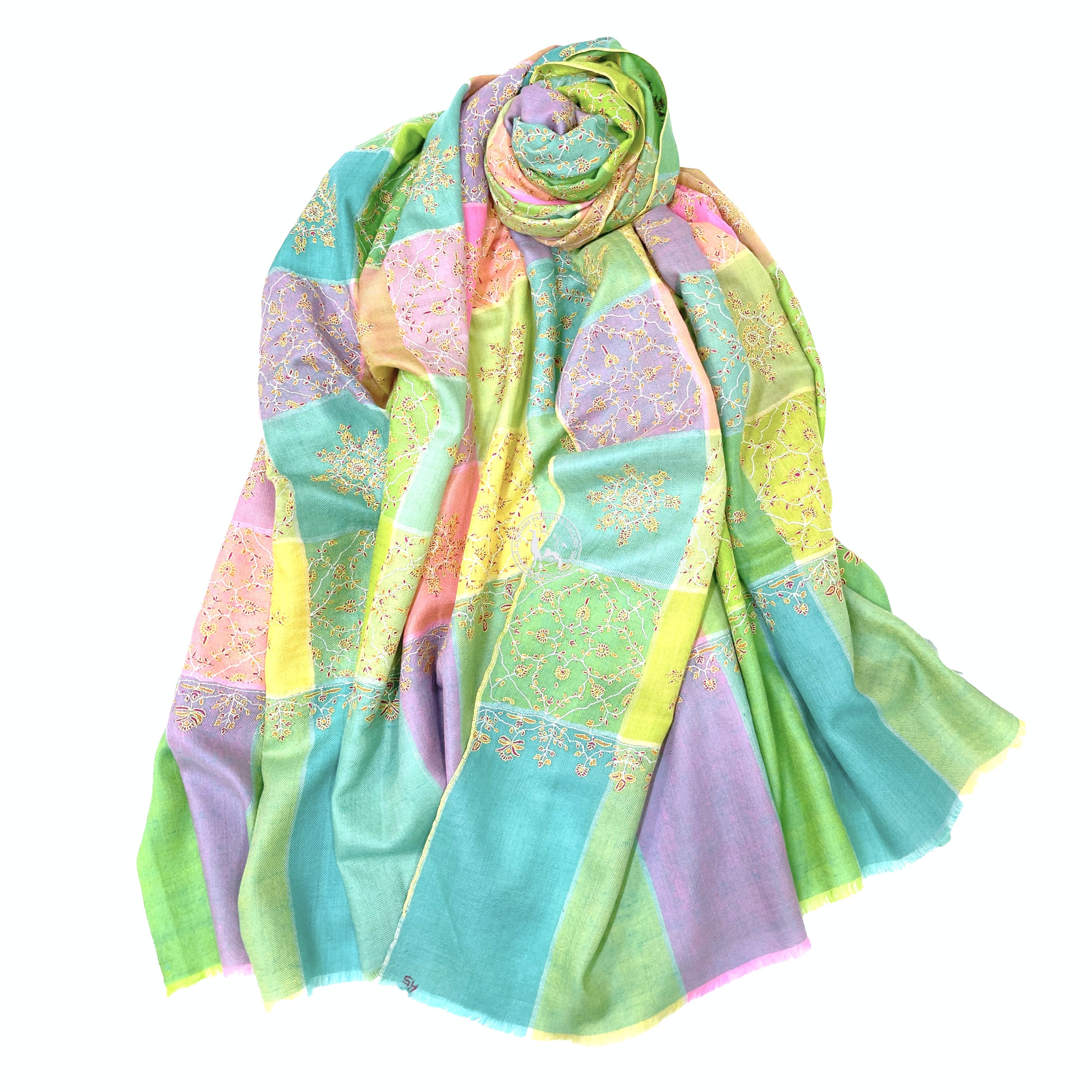 格仔刺繡喀什米爾羊絨圍巾披肩