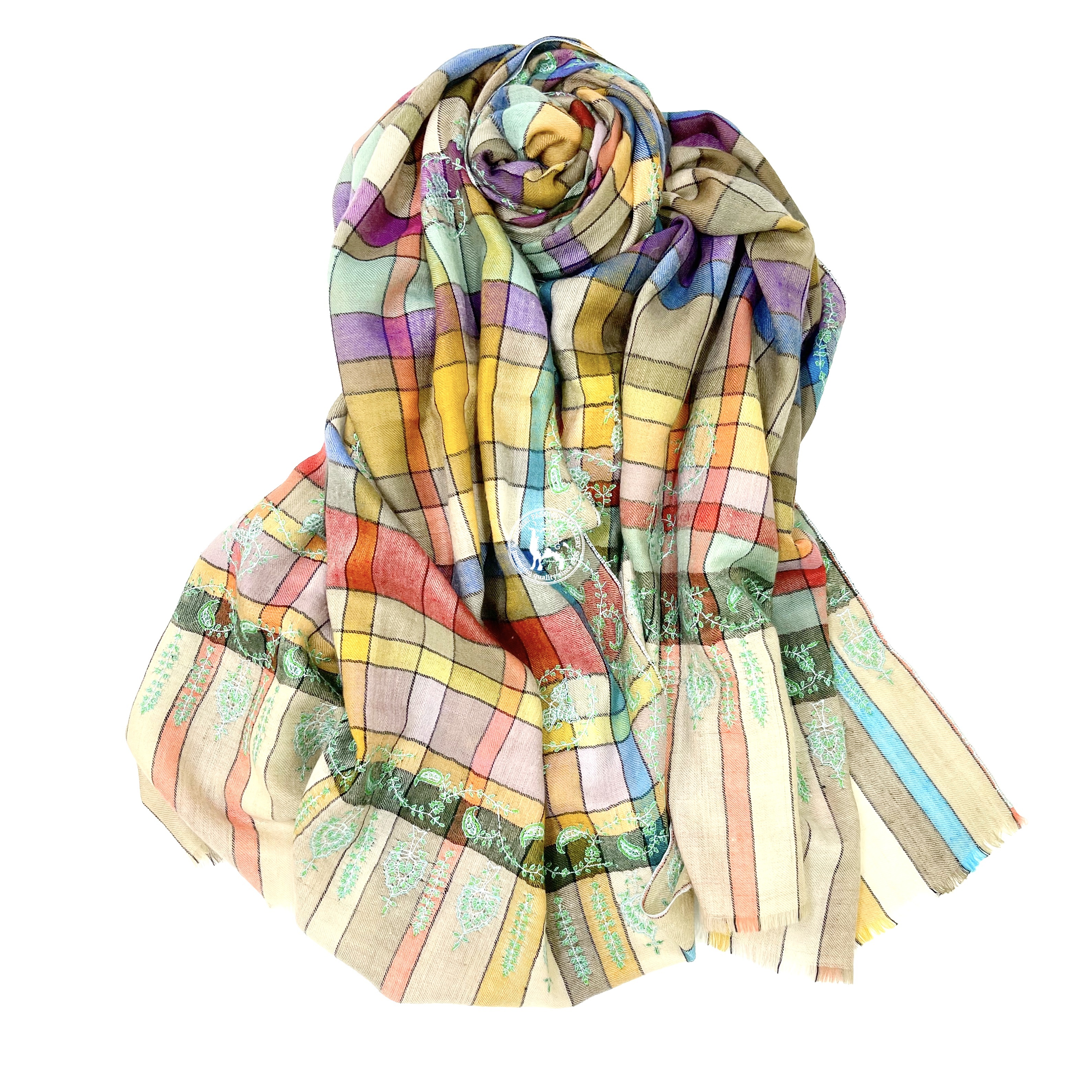 紫黃卡其色格仔刺繡喀什米爾羊絨圍巾披肩