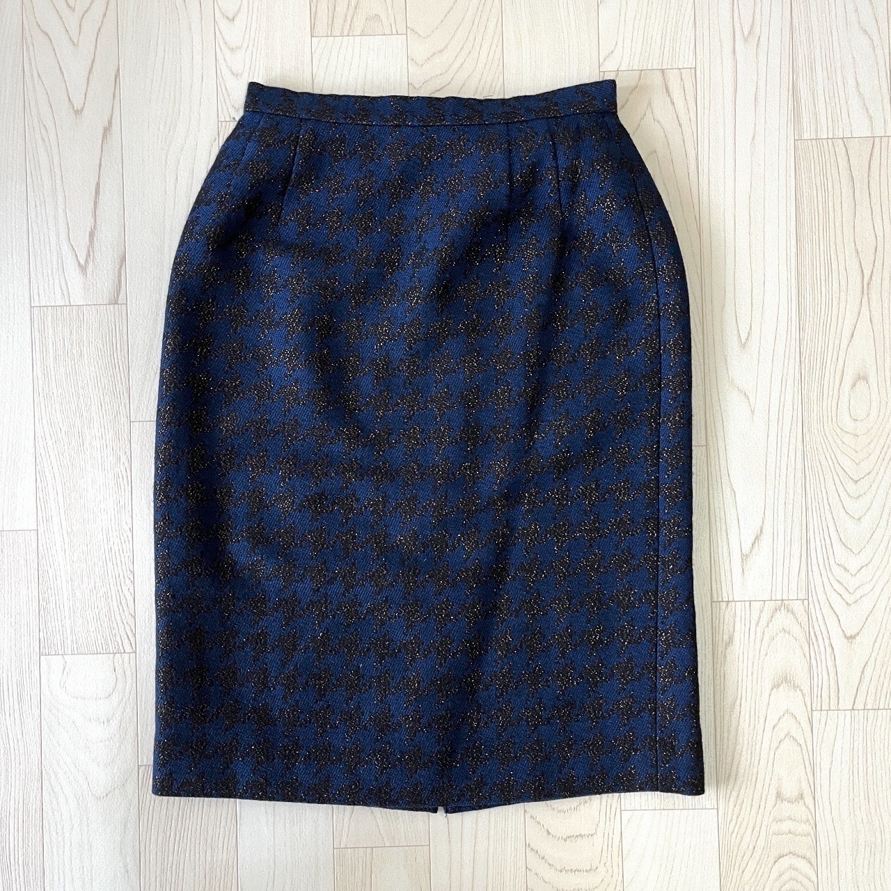日本製深藍色閃亮千鳥格紋羊毛半裙