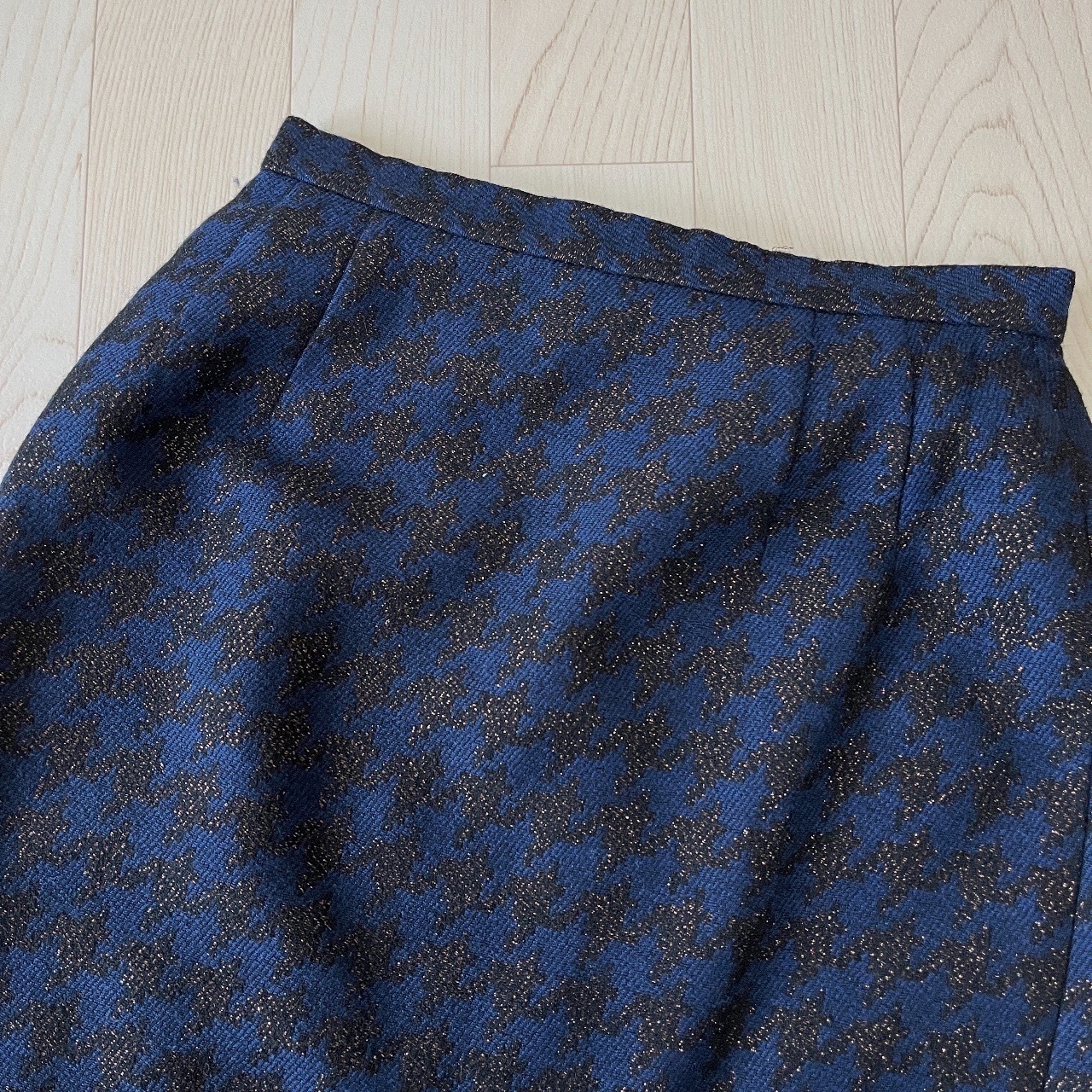 日本製深藍色閃亮千鳥格紋羊毛半裙