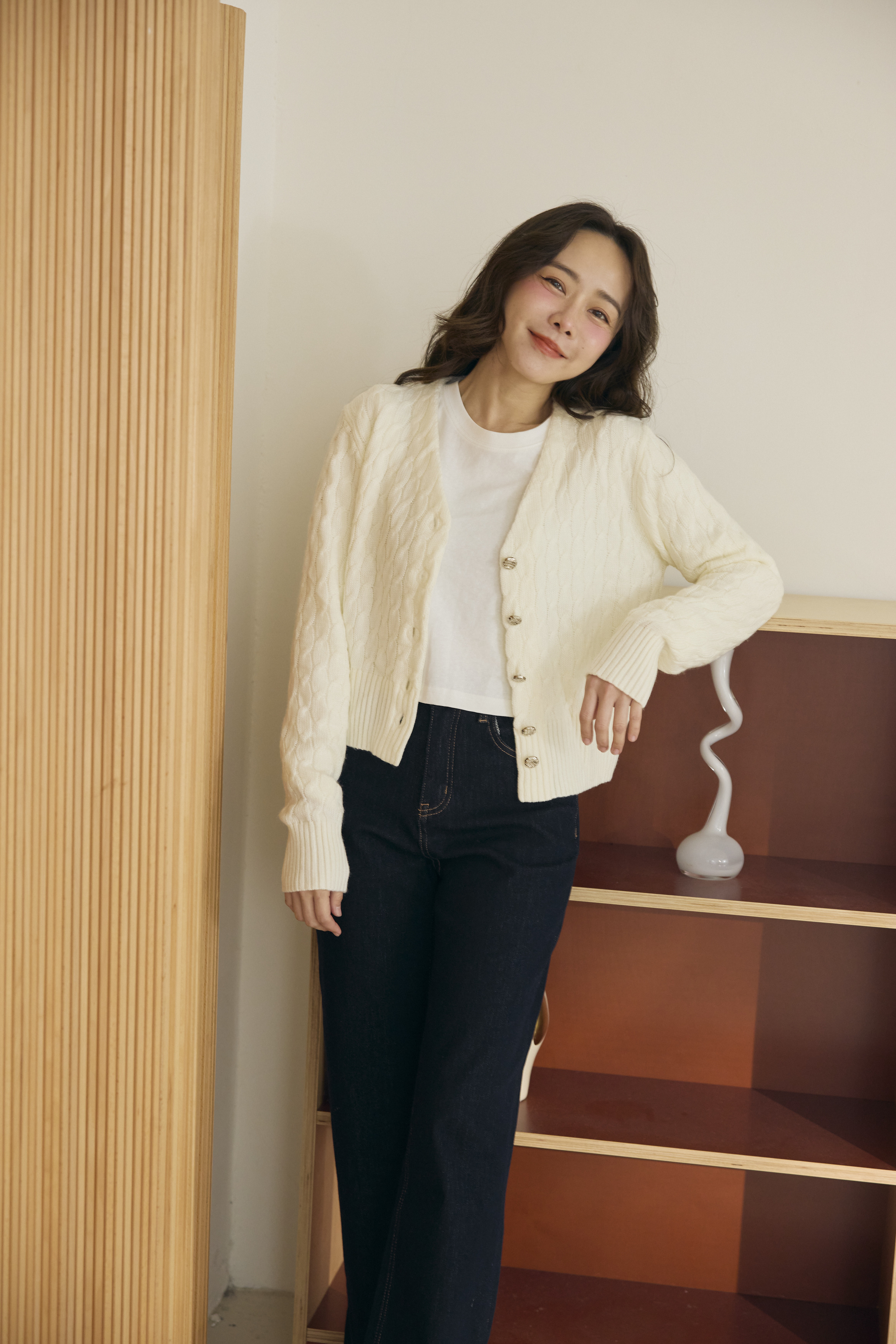 針織麻花上衣-白