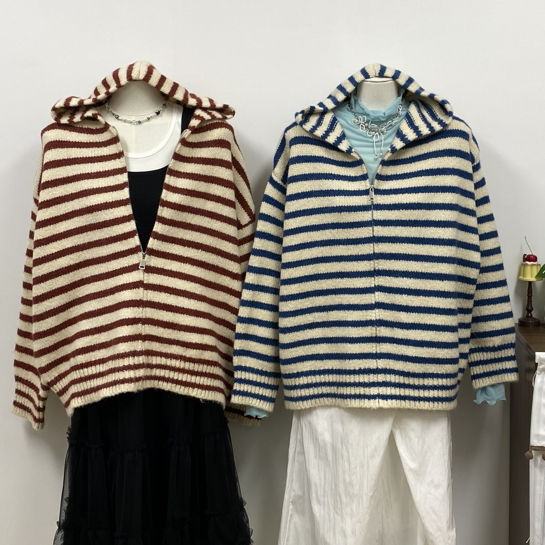 間條厚身冷外套(紅/藍)