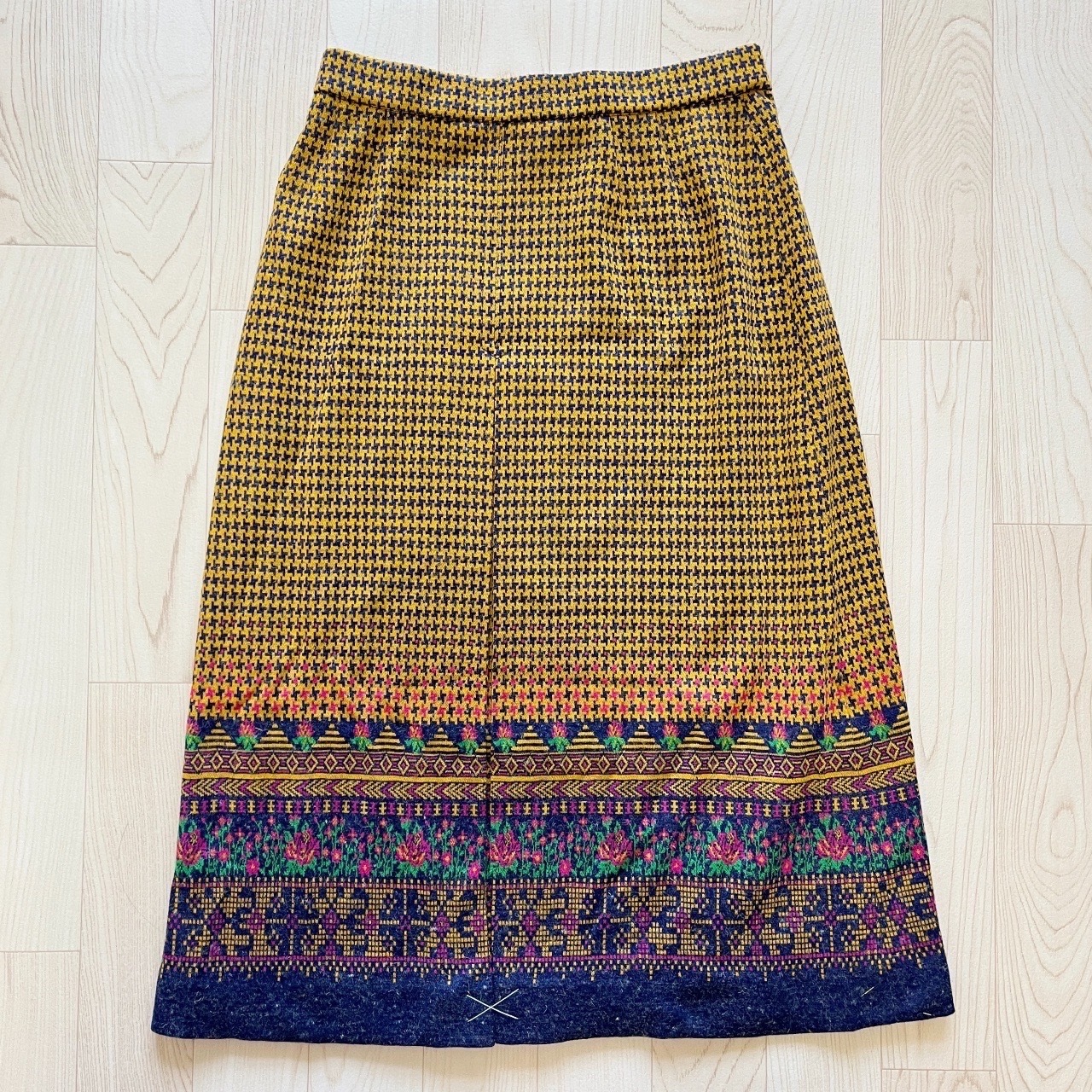 芥末黃色花園圖案古著針織半裙