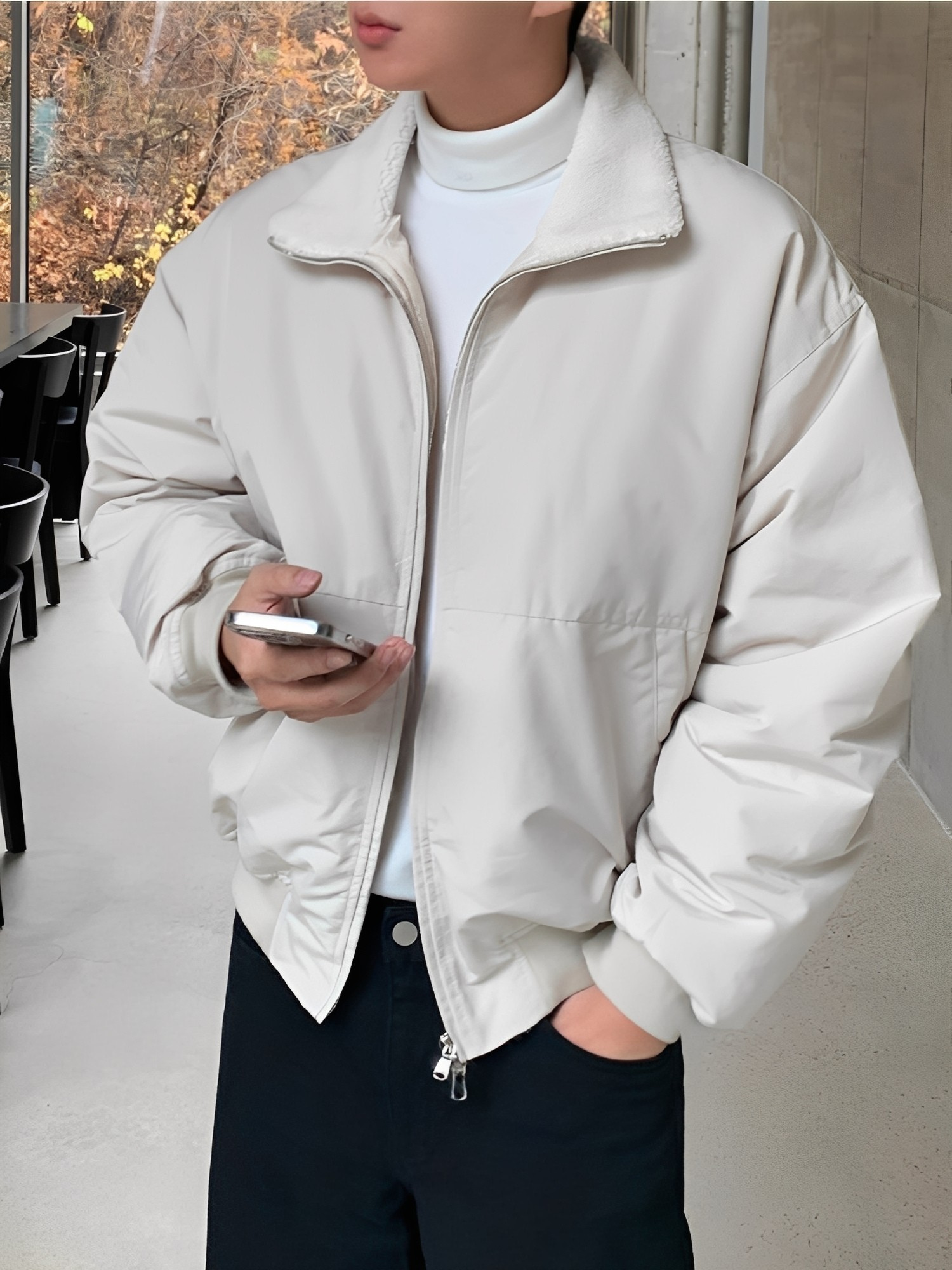 THankus 白色暖絨派克外套｜男生冬季穿搭示範