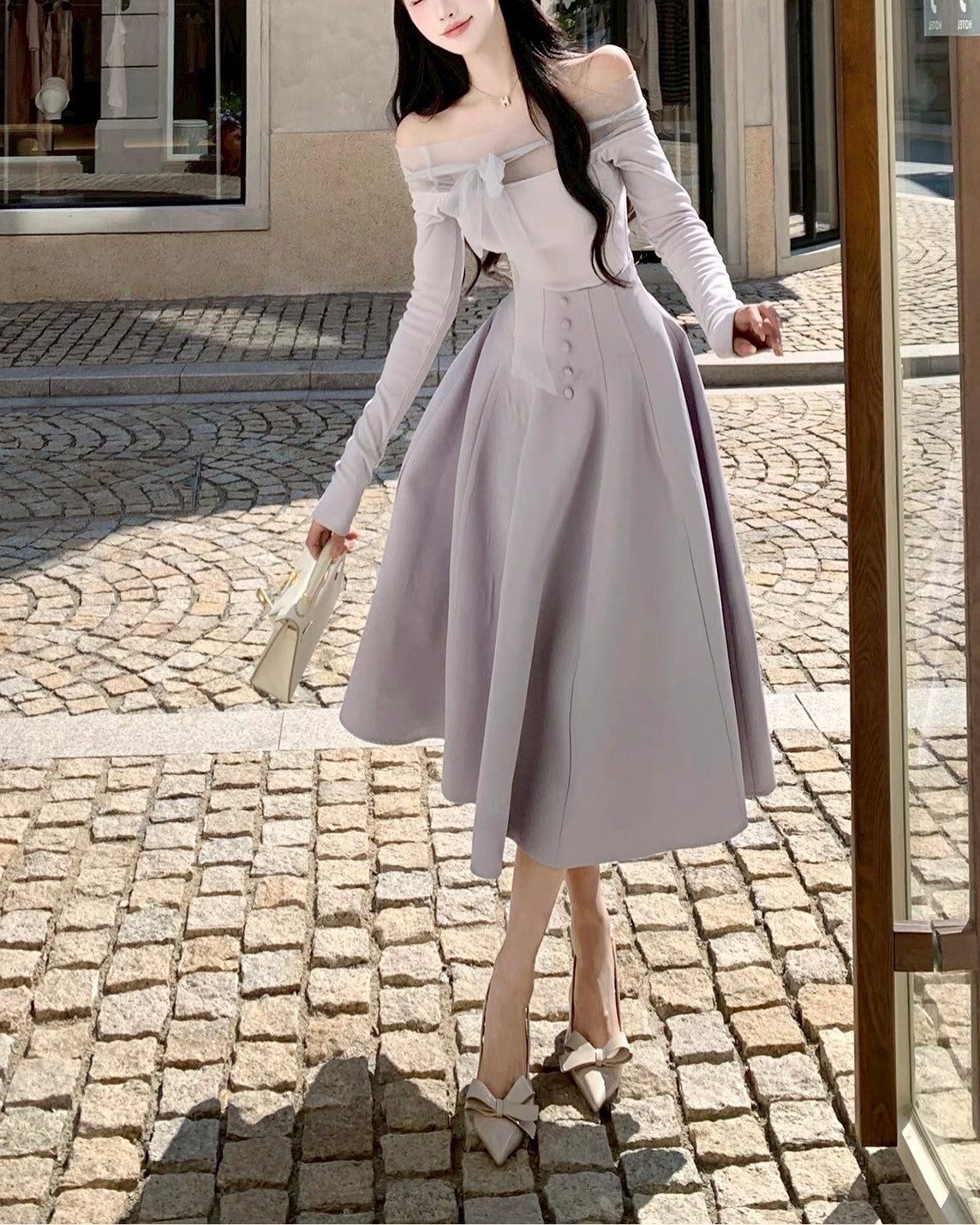 一字領網紗拼接棉質上衣+中高腰馬甲感中長裙