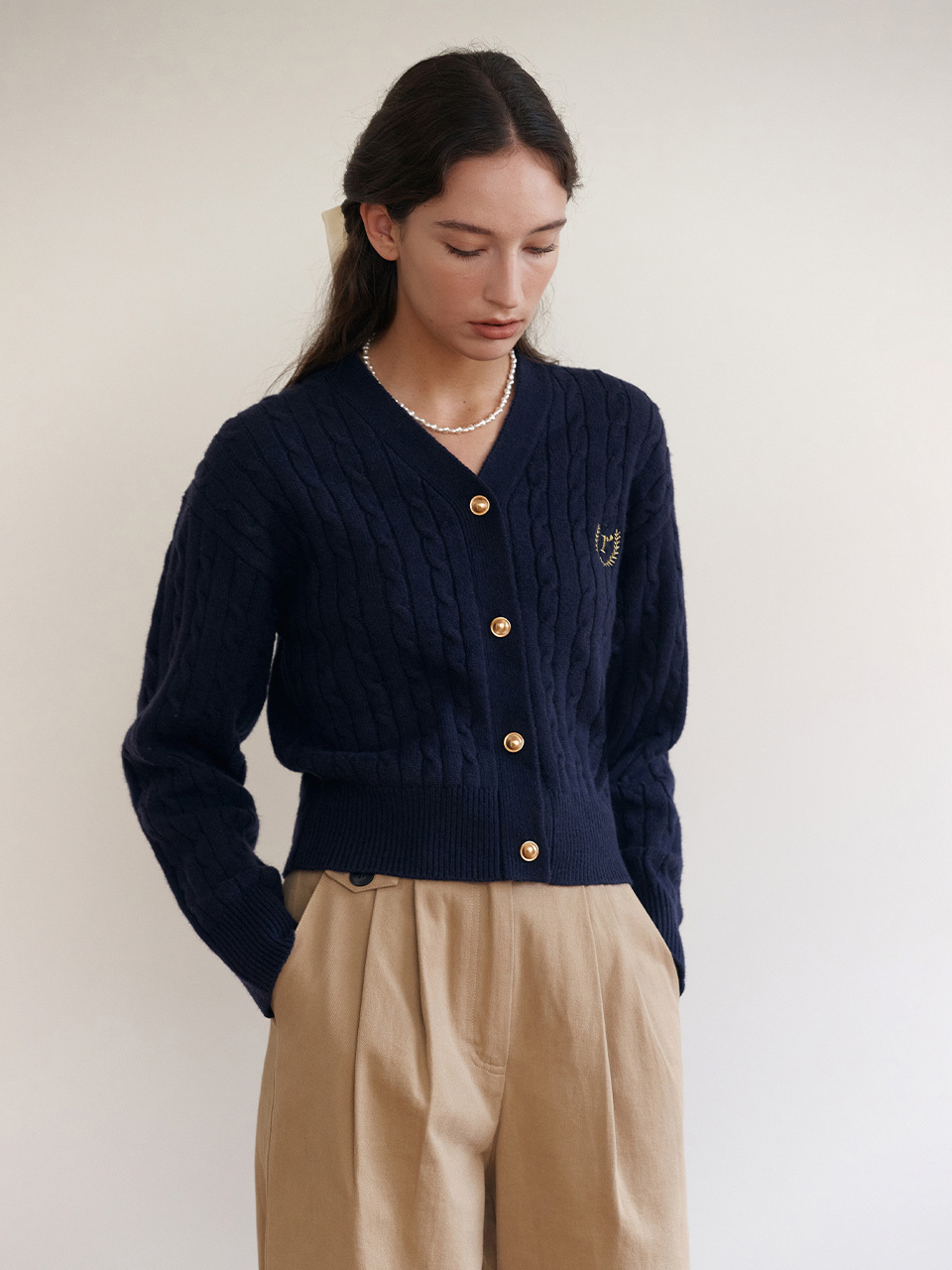 ROLAROLA V NECK CABLE CARDIGAN NAVY
