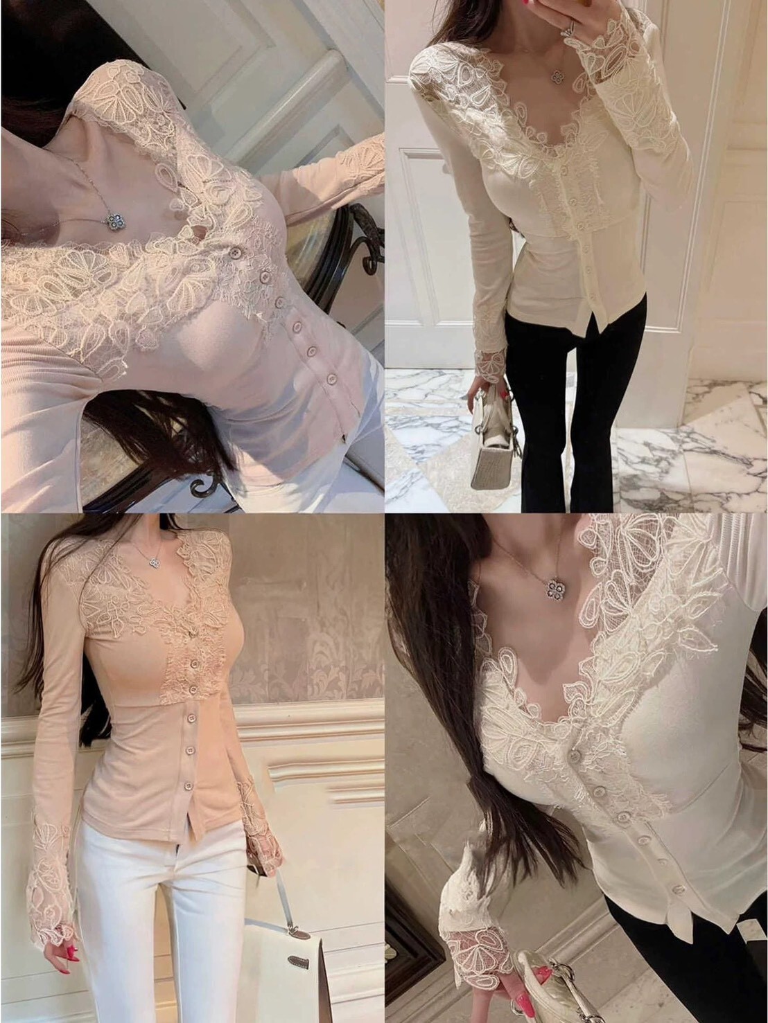 簡約刺繡蕾絲領磨毛上衣