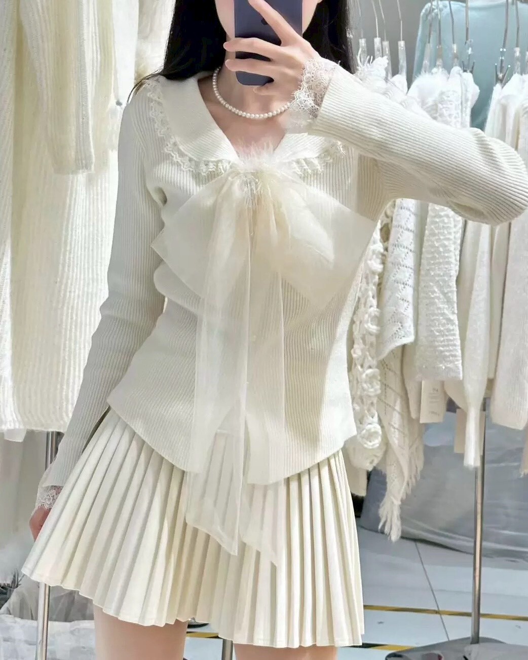 設計師家針織開釦翻領拼蕾絲蝴蝶結上衣