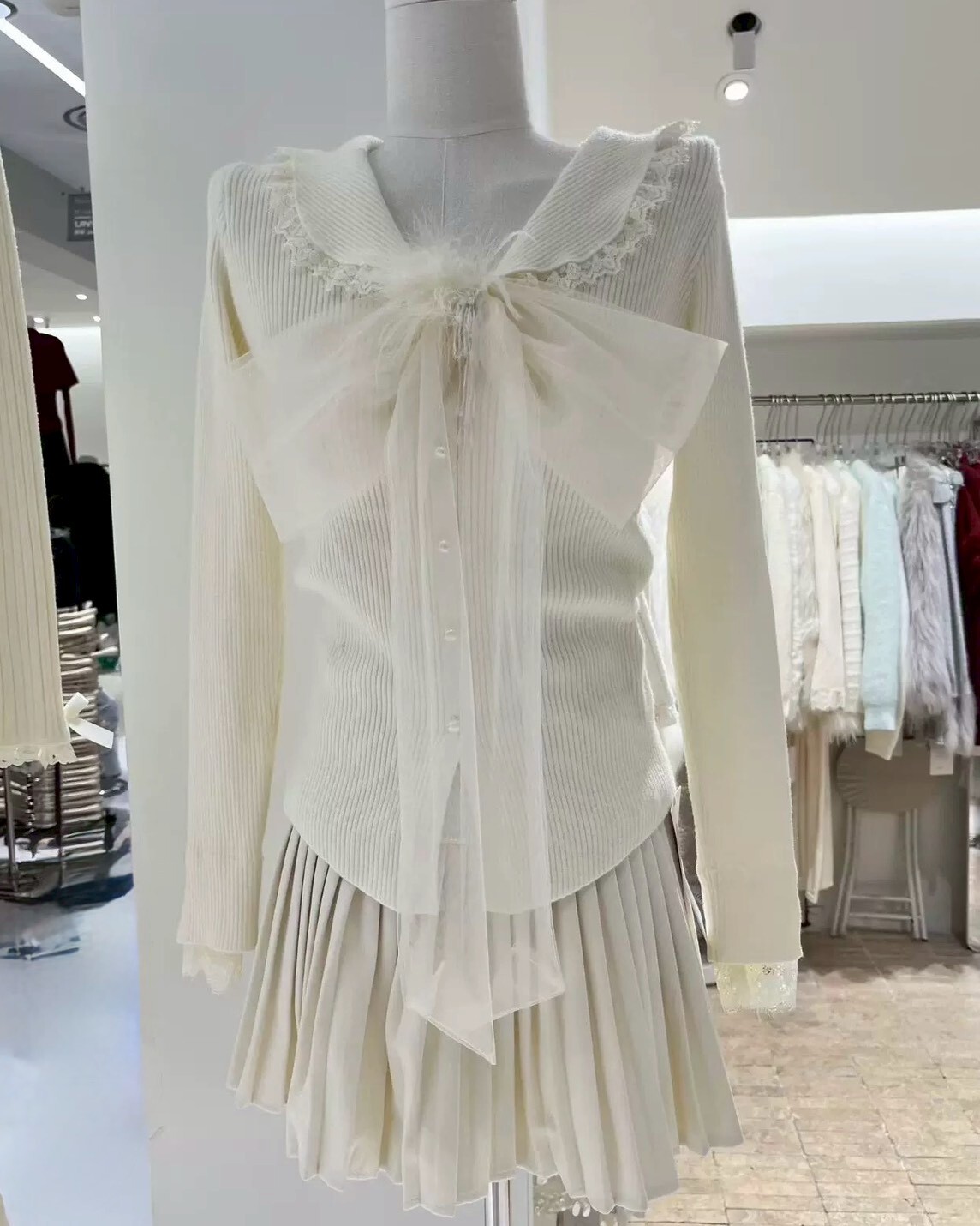 設計師家針織開釦翻領拼蕾絲蝴蝶結上衣