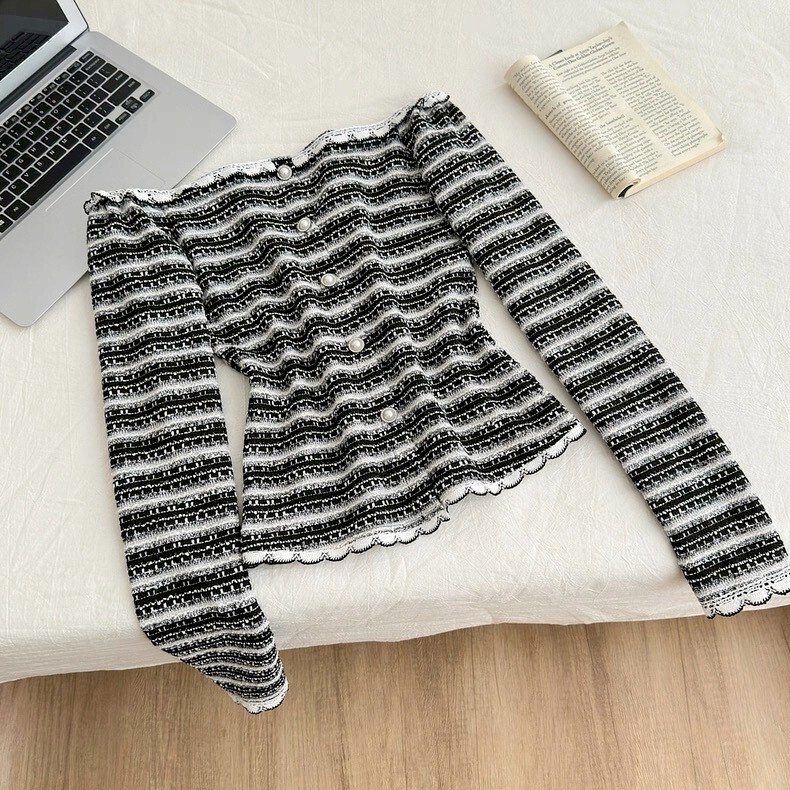 一字領黑白橫條針織上衣