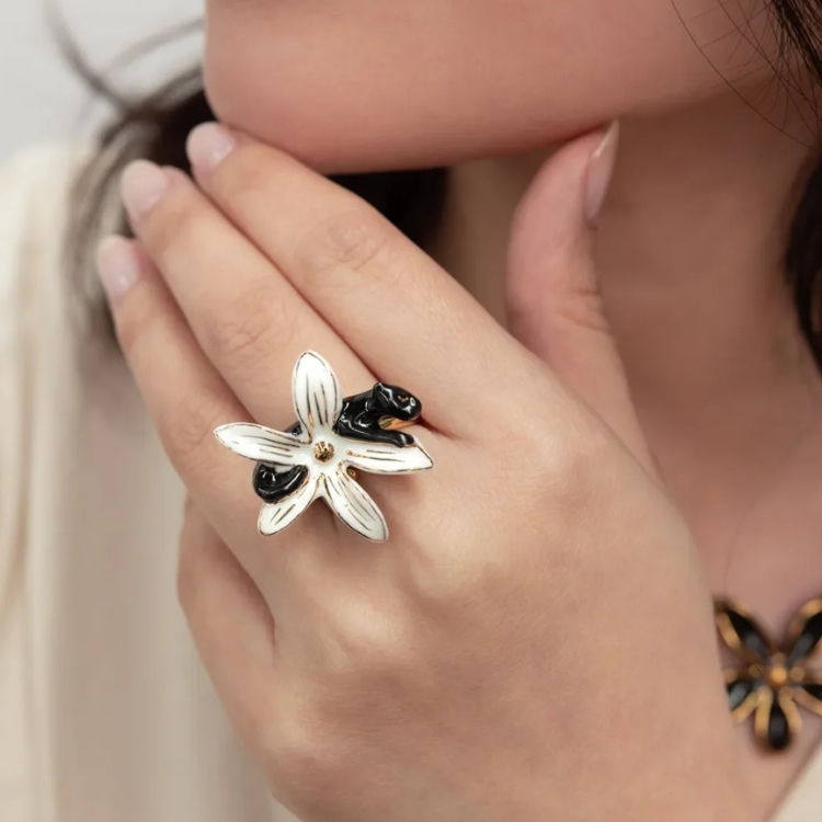 黑豹與白花卉瓷戒指