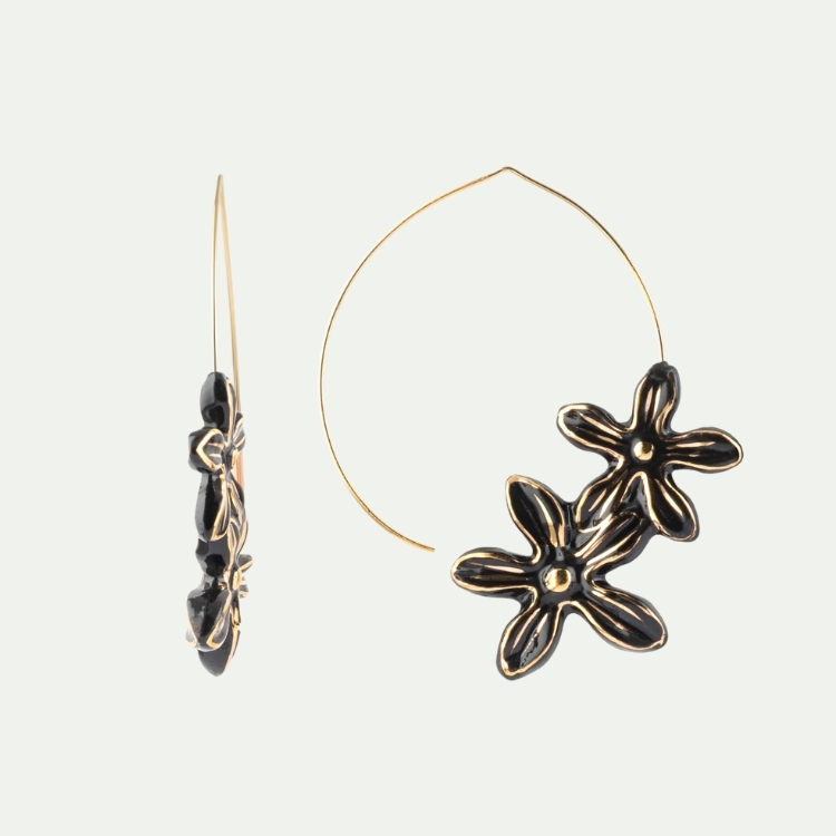 黑花花卉瓷圈型耳環