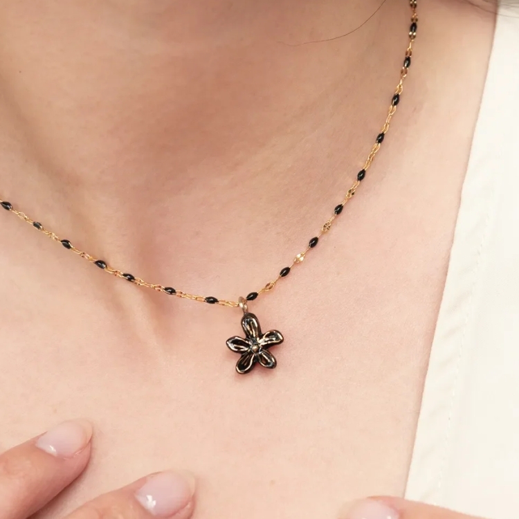 黑花花卉串珠瓷項鍊