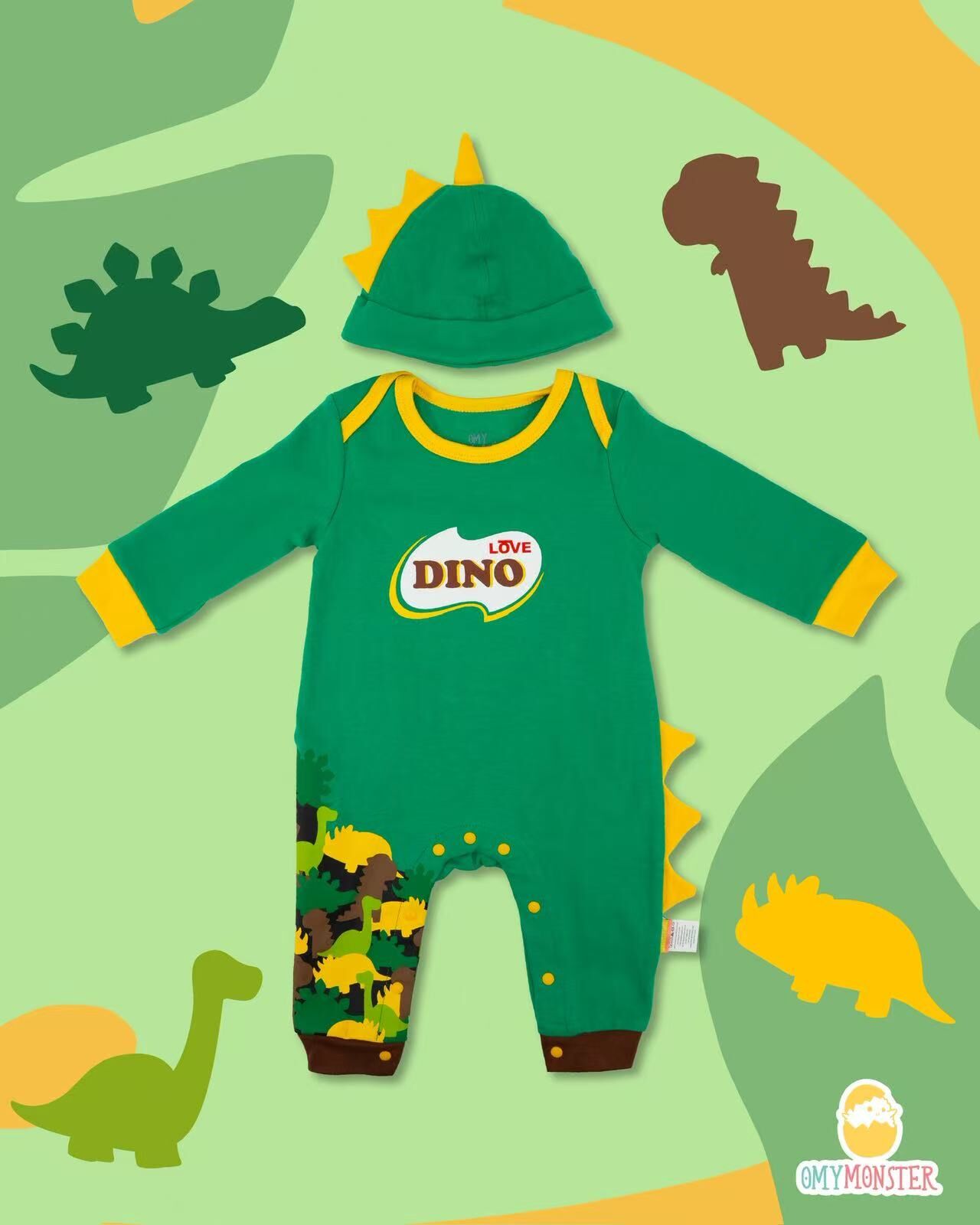 OMYMONSTER 美綠恐龍狂迷長袖連身衣連帽