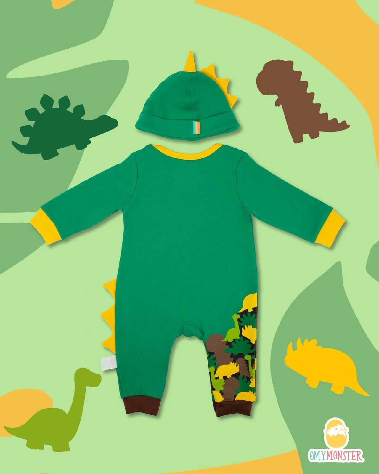 OMYMONSTER 美綠恐龍狂迷長袖連身衣連帽