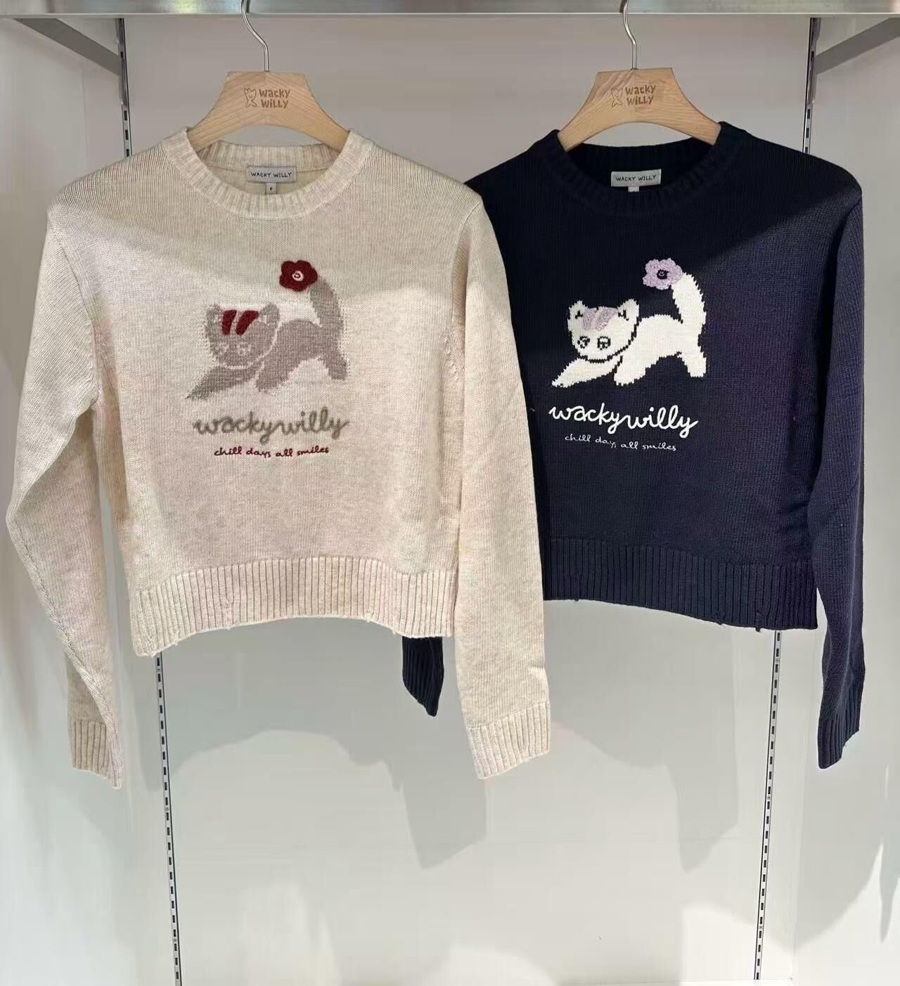 Wacky Willy 貓咪花朵可愛短款針織毛衣（K11 BR723）