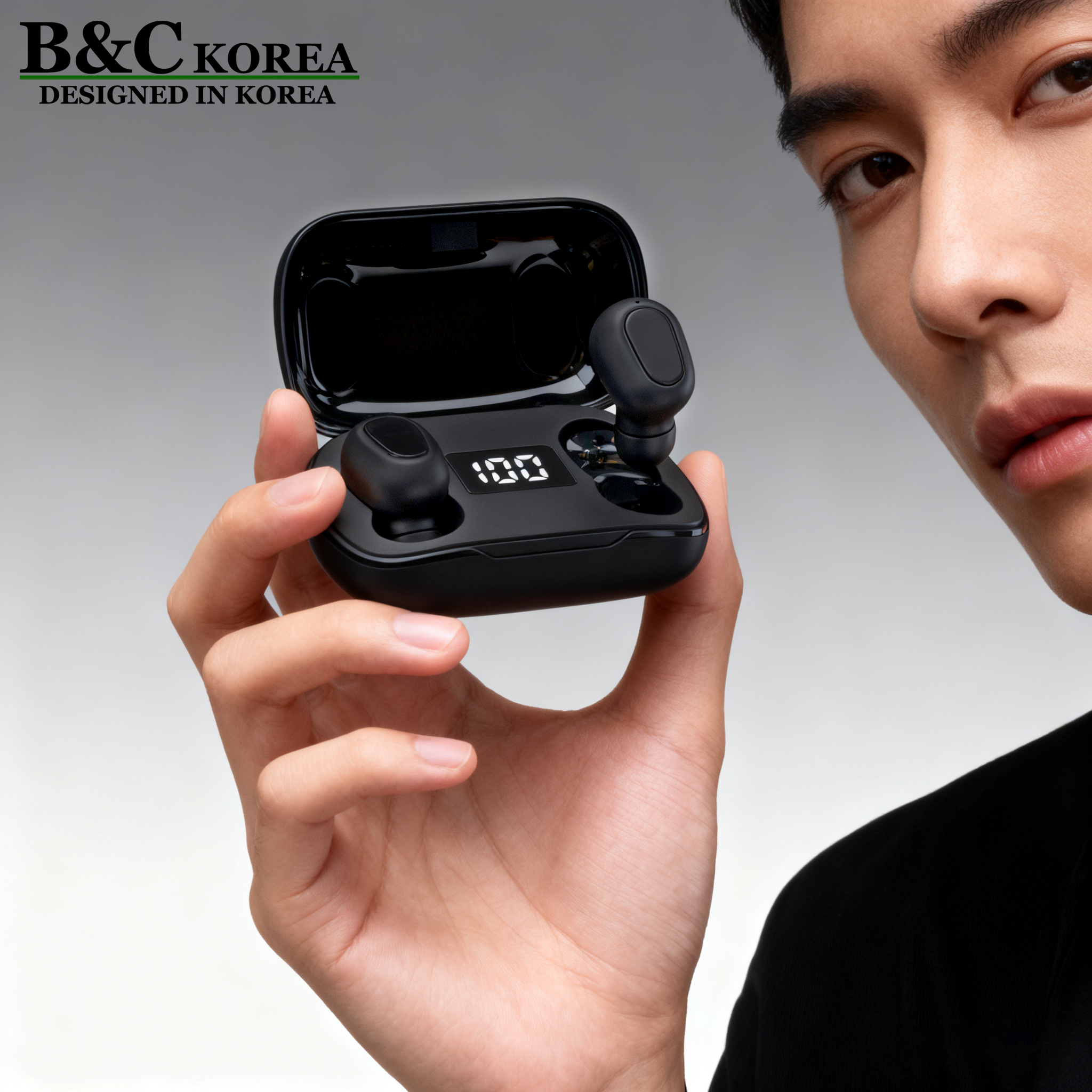 B&C Korea Digital Power Display TWS Wireless Bluetooth Headphones Stereo Noise Cancelling Wireless 5.0 Sports Headphones (B0061)