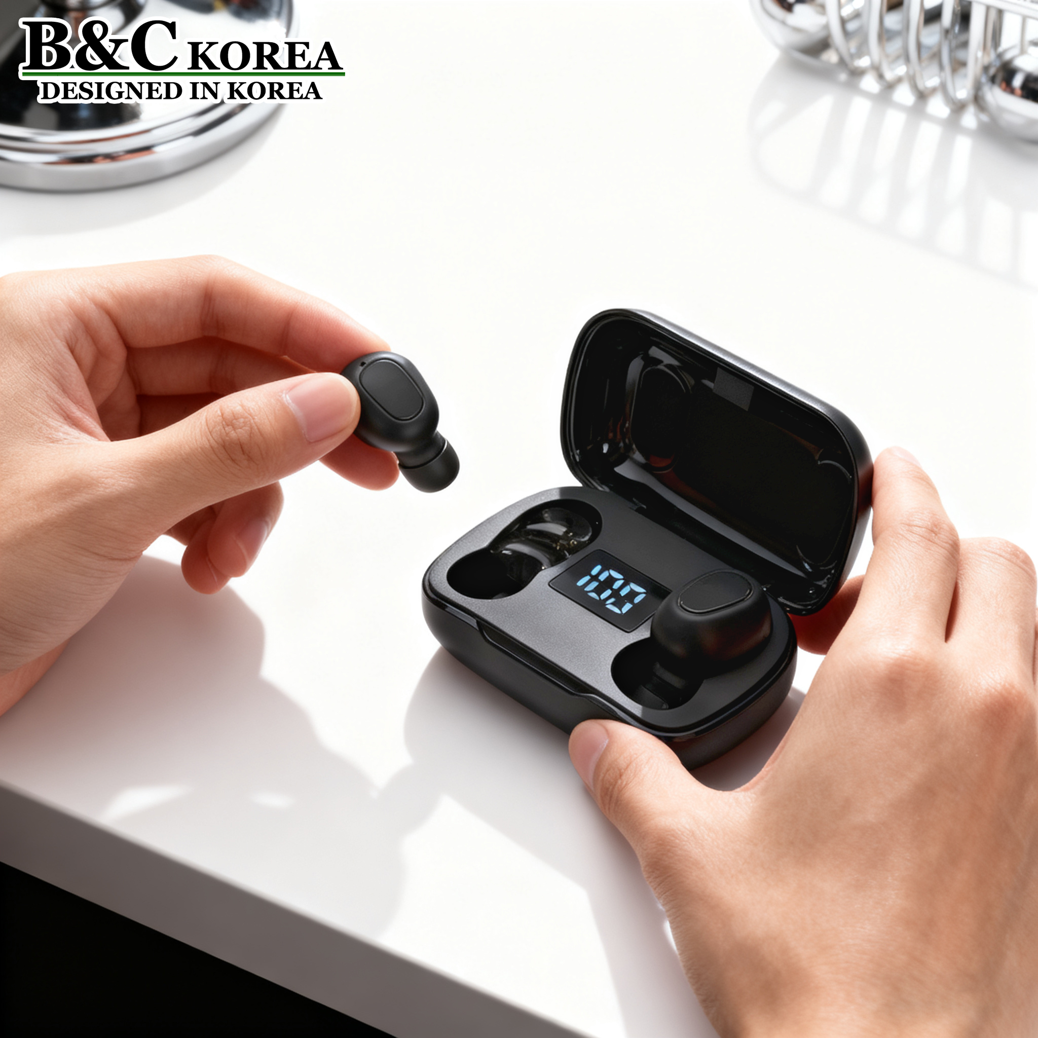 B&C Korea Digital Power Display TWS Wireless Bluetooth Headphones Stereo Noise Cancelling Wireless 5.0 Sports Headphones (B0061)