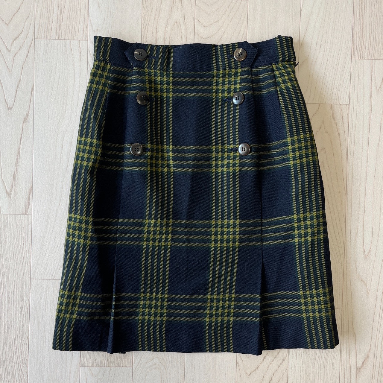 深藍色學院風格紋羊毛短裙