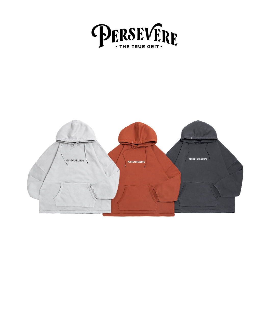 PERSEVERE 定番款連帽Ｔ恤 水洗深灰藍/水洗橘/水洗灰白 25 A/W Classic Brushed Washed Hoodie