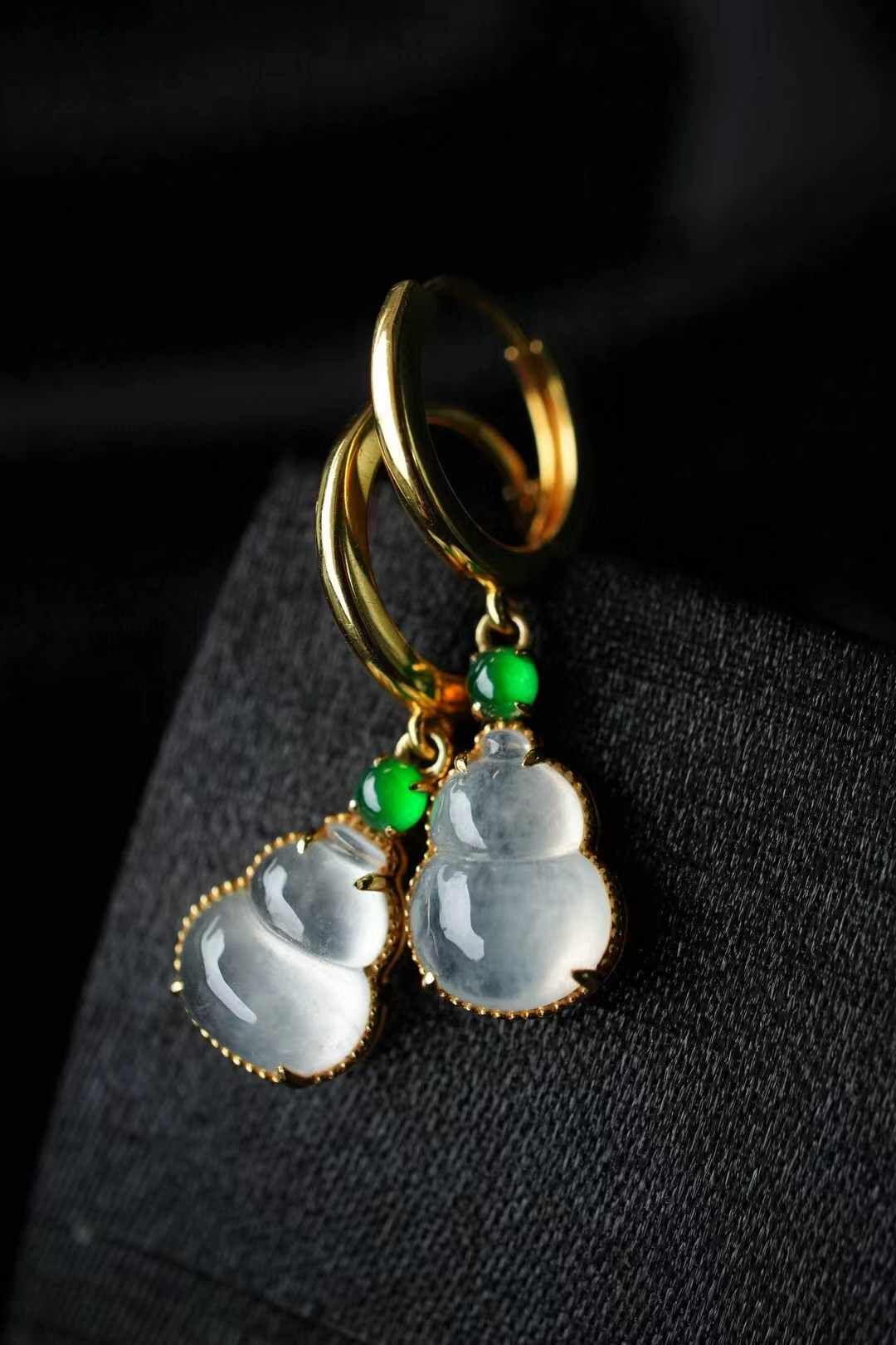 翡翠冰種葫蘆耳墜,天然翡翠A玉, 緬甸玉, Jade, Jadeite