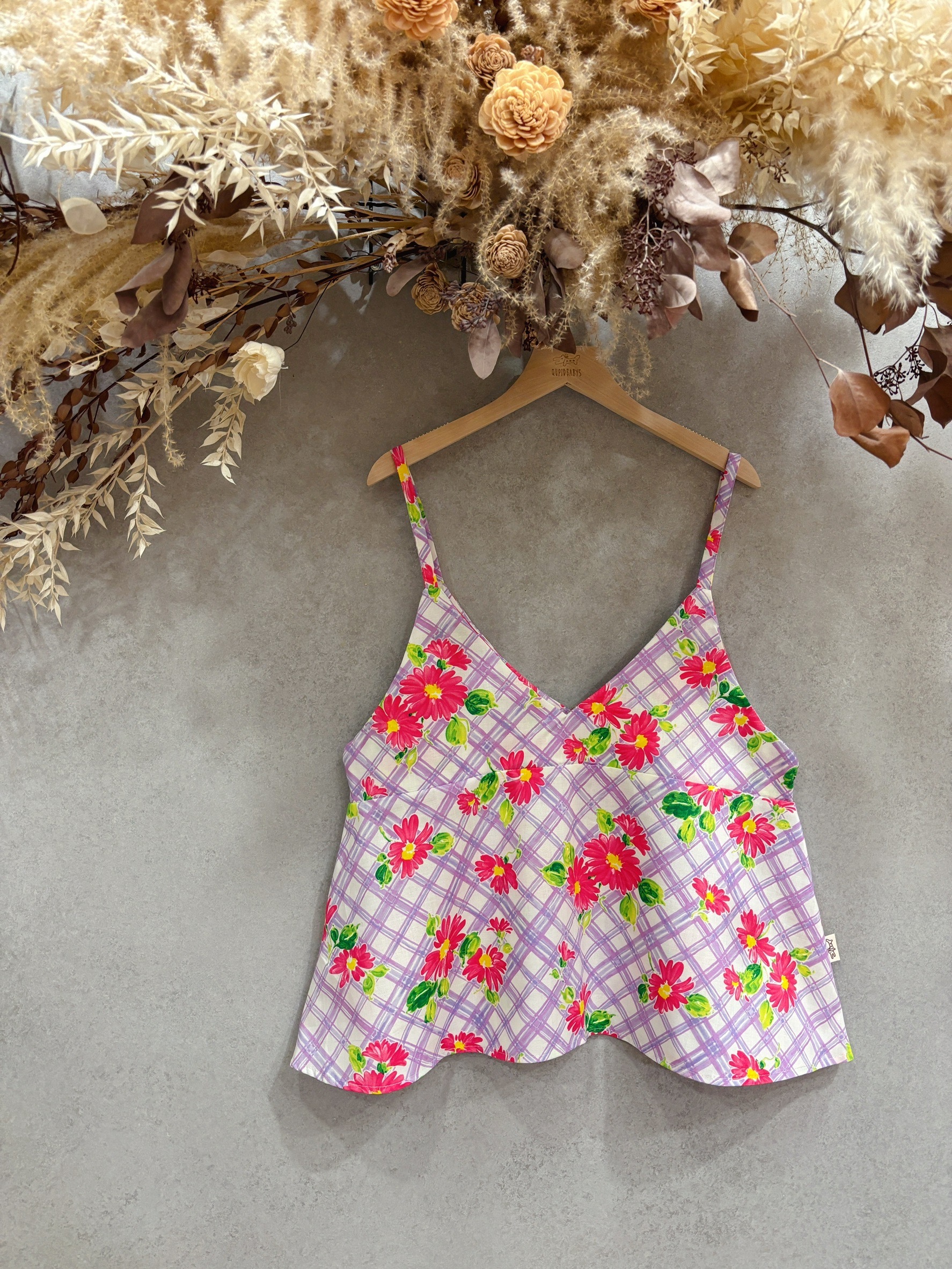 紫格花卉 媽咪細肩帶傘狀背心