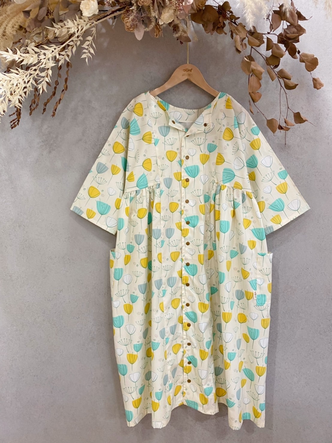 agf黃藍風鈴花 媽咪日系長袖洋裝