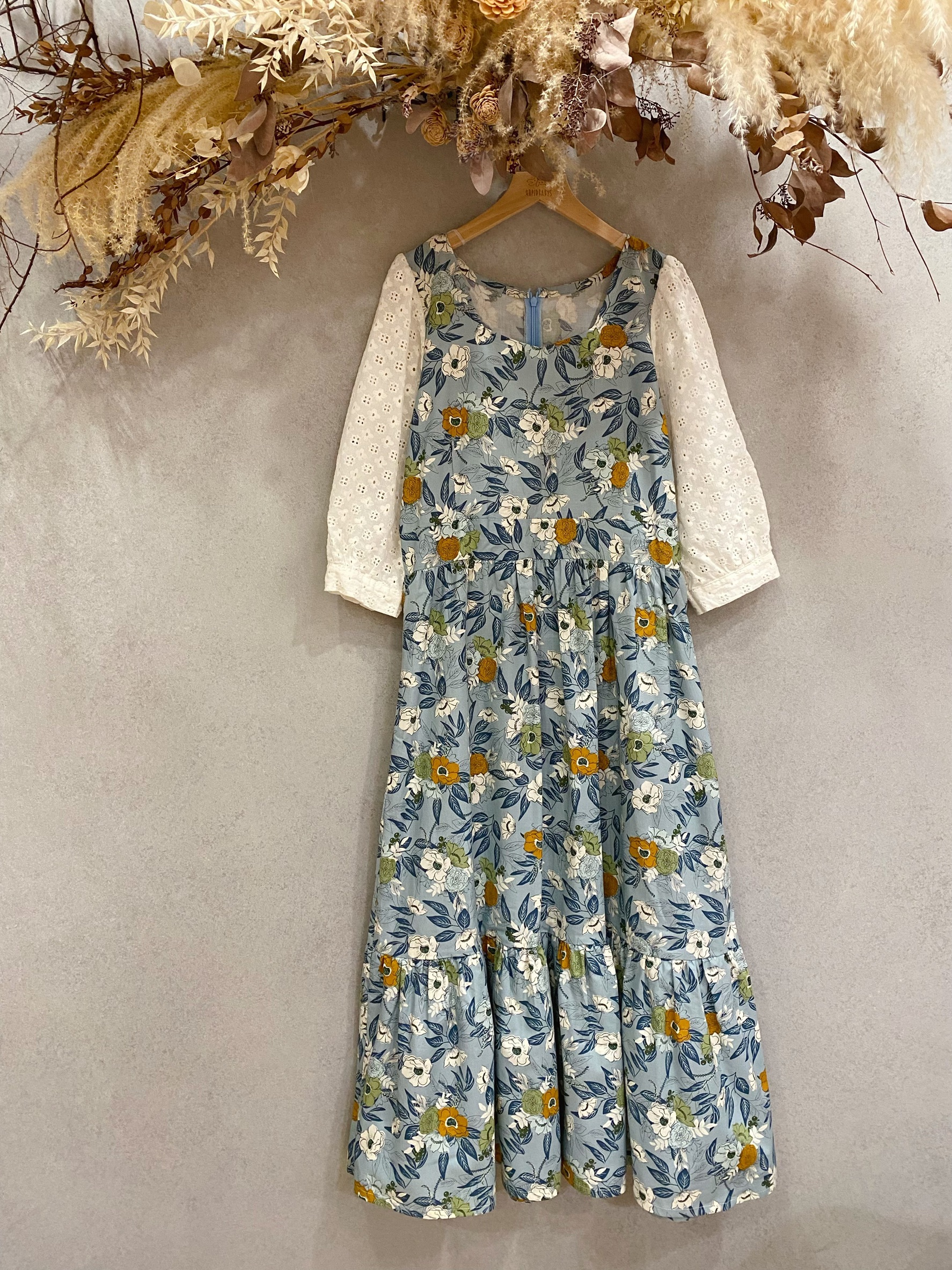 莫蘭迪花卉 媽咪桃心領長袖長洋裝