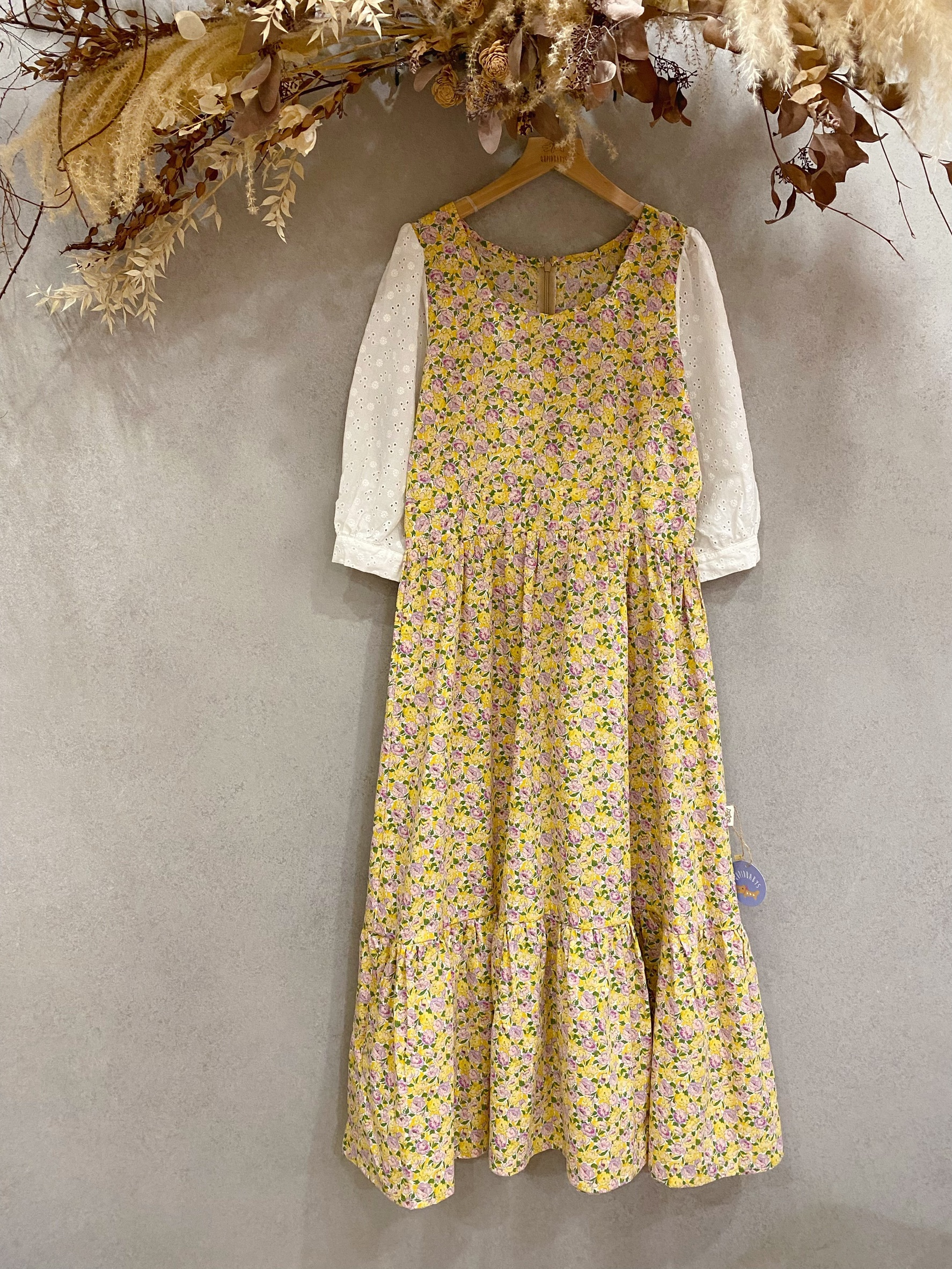 黃紫小花 媽咪桃心領長袖長洋裝