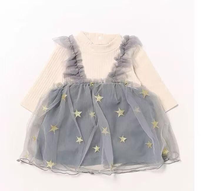 日單 刺繡星星假兩件紗裙