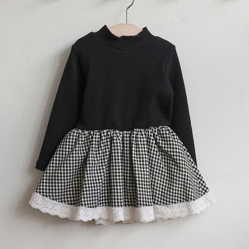 韓系 半高領拼接格仔長袖加絨連衣裙