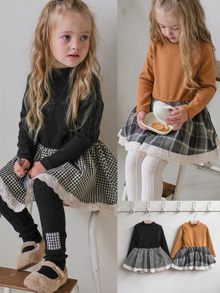 韓系 半高領拼接格仔長袖加絨連衣裙