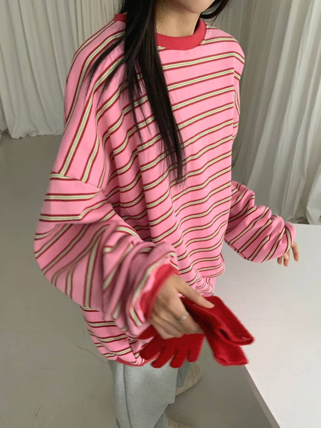 橫條撞色邊刷絨衛衣