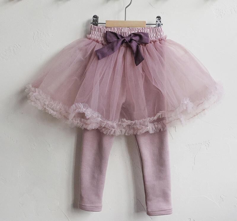 韓系 女童蝴蝶結網紗假兩件加絨裙褲