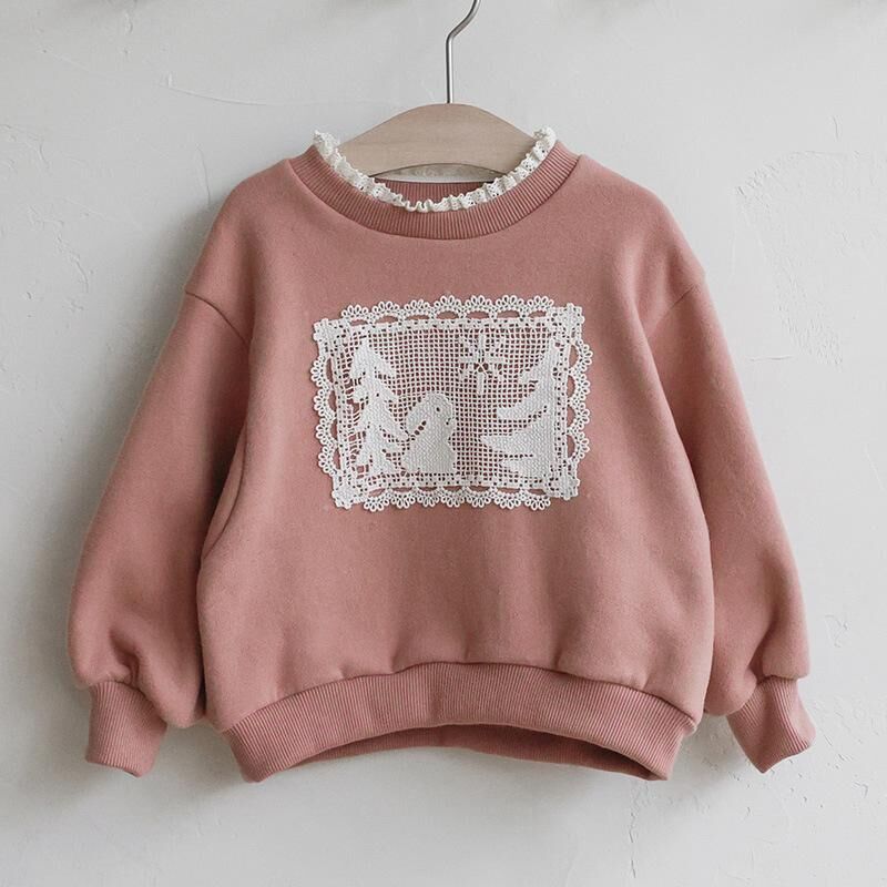 韓系 蕾絲圓領寬鬆長袖加絨衛衣