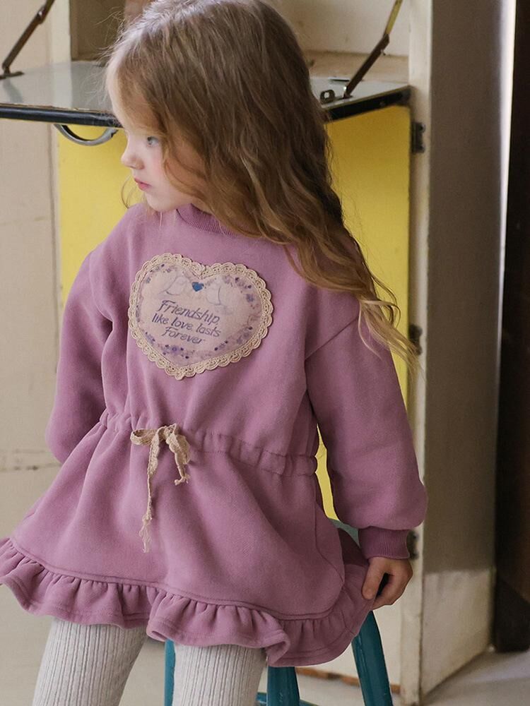 韓系 愛心花邊字母印花加絨衛衣裙