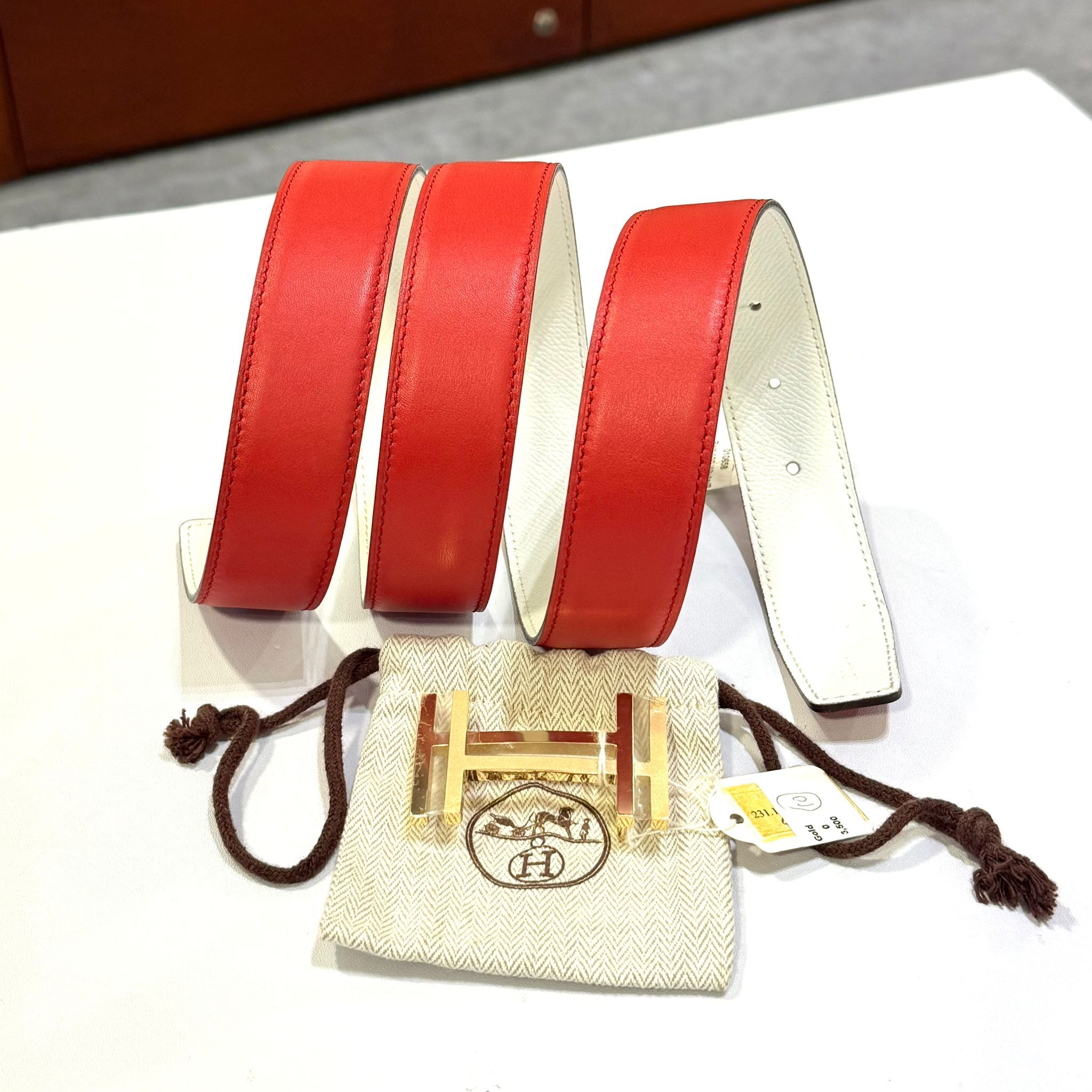 本月特價!!! 全新愛馬士皮帶 100碼, 32mm, 紅色SWIFT, 白色TOGO, 雙面腰帶, 雙層金色H扣, HERMES BELT #BRAND NEW #香榭站正品