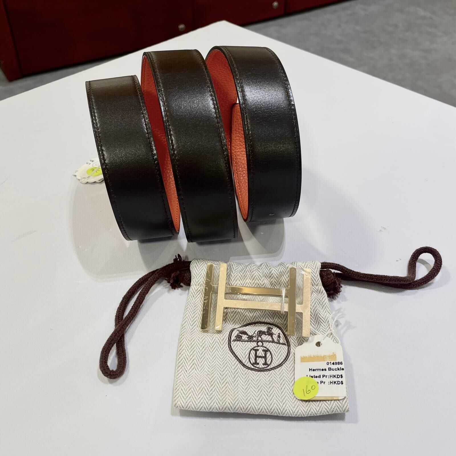 本月特價!!! 全新愛馬士皮帶 100碼, 32mm, 烏木色SWIFT, 橙色TOGO, 雙面腰帶, 雙層香檳色H扣, HERMES BELT #BRAND NEW #香榭站正品