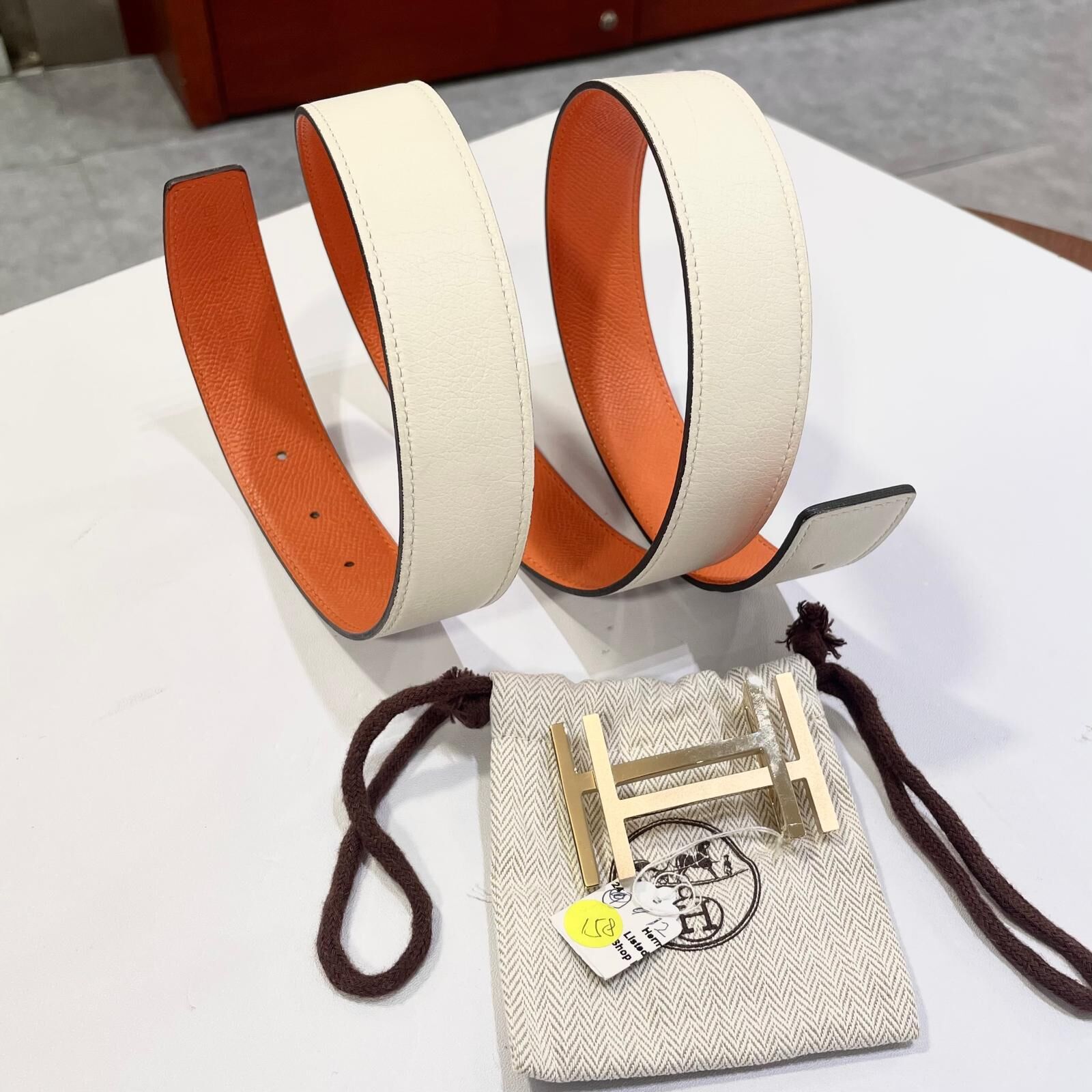 本月特價!!! 全新愛馬士皮帶 95碼, 32mm, 白色SWIFT, 橙色TOGO, 雙面腰帶, 金色雙面H扣, HERMES BELT #BRAND NEW #香榭站正品