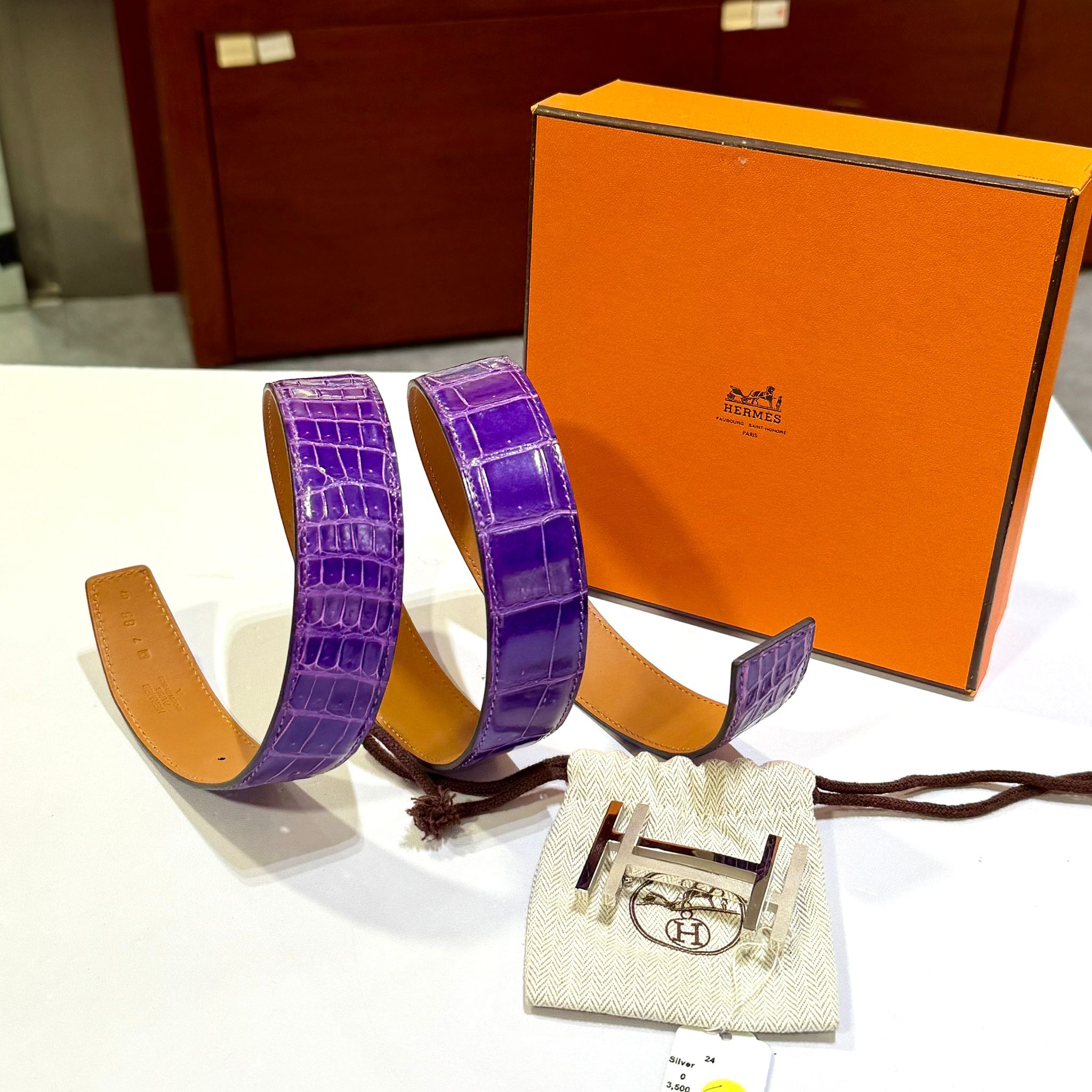 本月特價!!! 全新愛馬士皮帶,85碼, 32mm, 紫色鱷魚皮/棕色SWIFT, 雙面腰帶, 雙層銀色H扣, HERMES BELT 男女同款 #BRAND NEW #香榭站正品