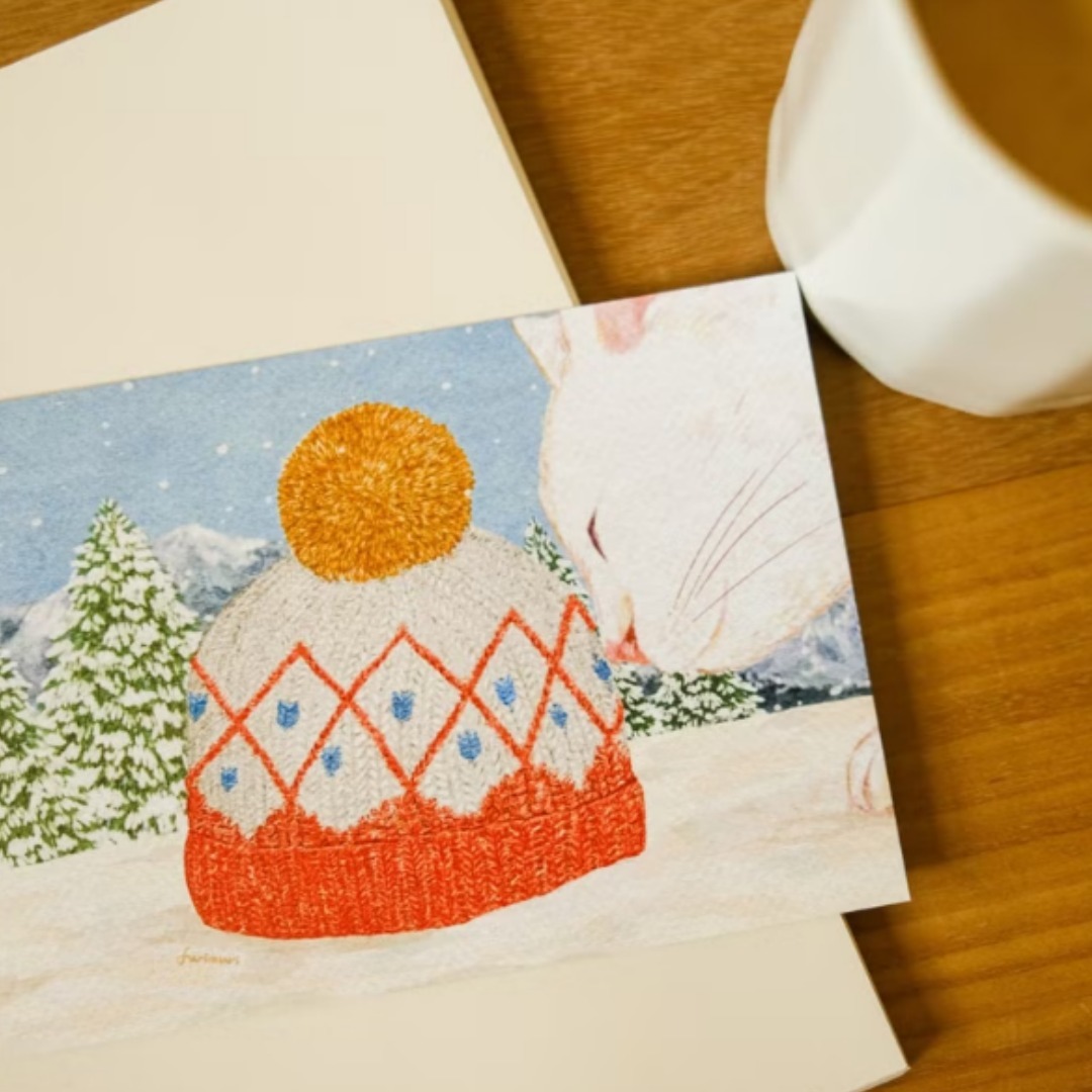 雪地裡的貓與毛線帽 聖誕卡 明信片｜毛乖畫鹿 Furimuri 台灣
